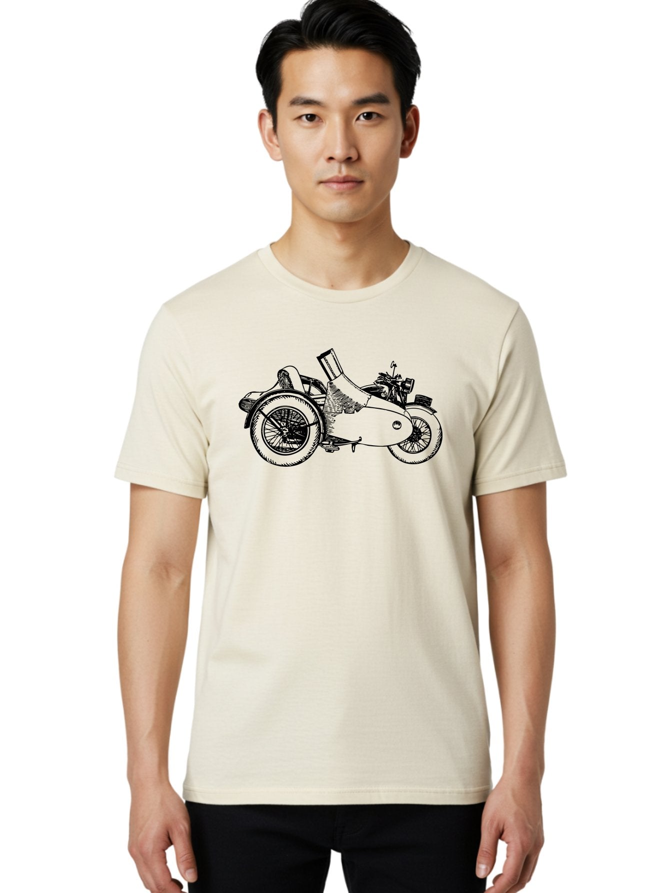 Vintage-Motorcycle-Sidecar Men'S Graphic Tee, 100% Cotton, Comfortable Casual Summer Wear, Machine Washable, Vintage Motorcycle, Sidecar, Classic Vehicle, Retro Transportation, Black And White Illustration, Motorcycle With Sidecar, Aad831 26