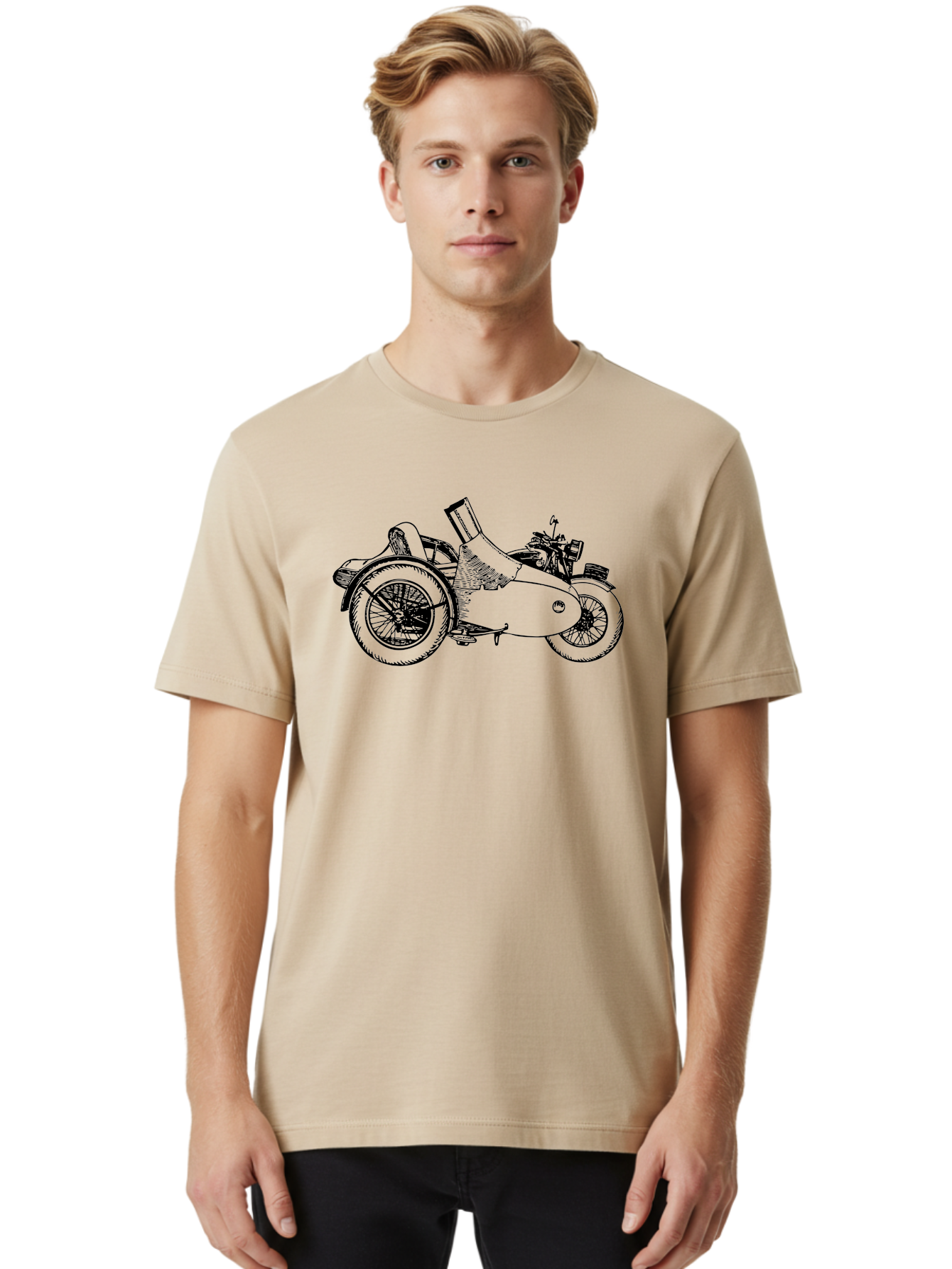 Vintage-Motorcycle-Sidecar Men'S Graphic Tee, 100% Cotton, Comfortable Casual Summer Wear, Machine Washable, Vintage Motorcycle, Sidecar, Classic Vehicle, Retro Transportation, Black And White Illustration, Motorcycle With Sidecar, Aad831