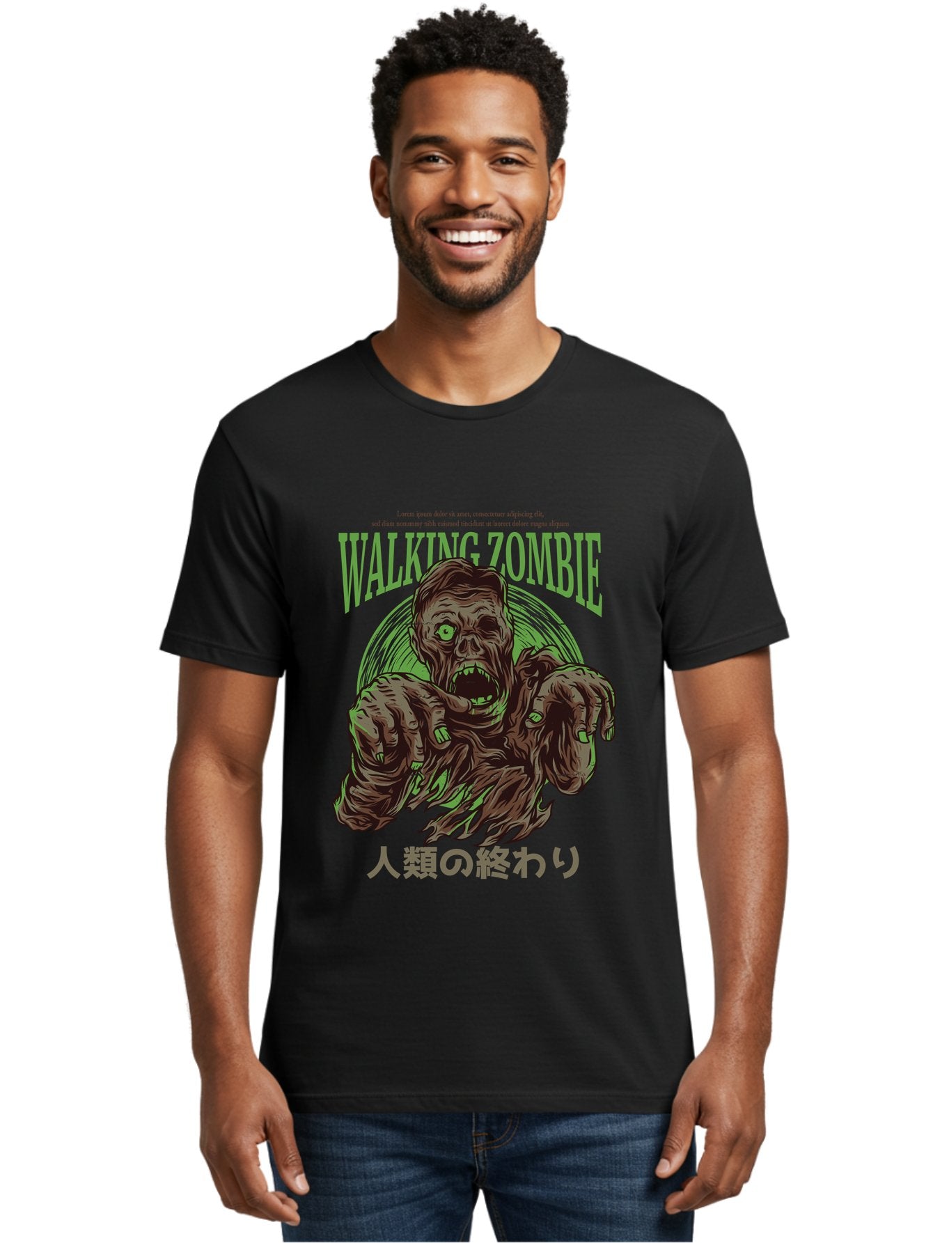 Walking-Zombie Men'S Graphic Tee, 100% Cotton, Comfortable Casual Summer Wear, Machine Washable, Zombie Apocalypse, Undead Creature, Horror Movie, Dark Art, Gruesome Illustration, Japanese Text, Zombie Outbreak, Creatures Of The Night Aad843 29