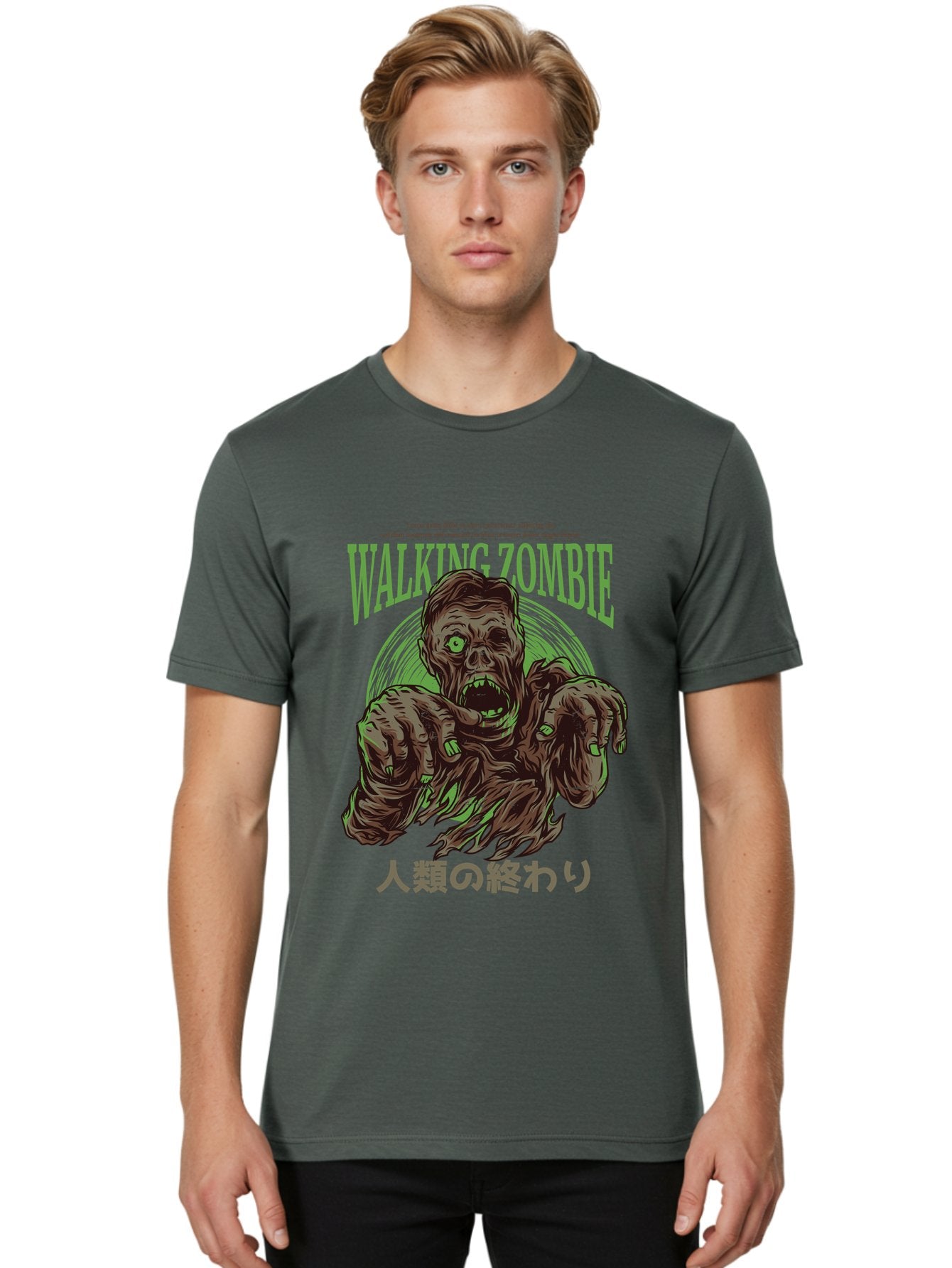 Walking-Zombie Men'S Graphic Tee, 100% Cotton, Comfortable Casual Summer Wear, Machine Washable, Zombie Apocalypse, Undead Creature, Horror Movie, Dark Art, Gruesome Illustration, Japanese Text, Zombie Outbreak, Creatures Of The Night Aad843 25