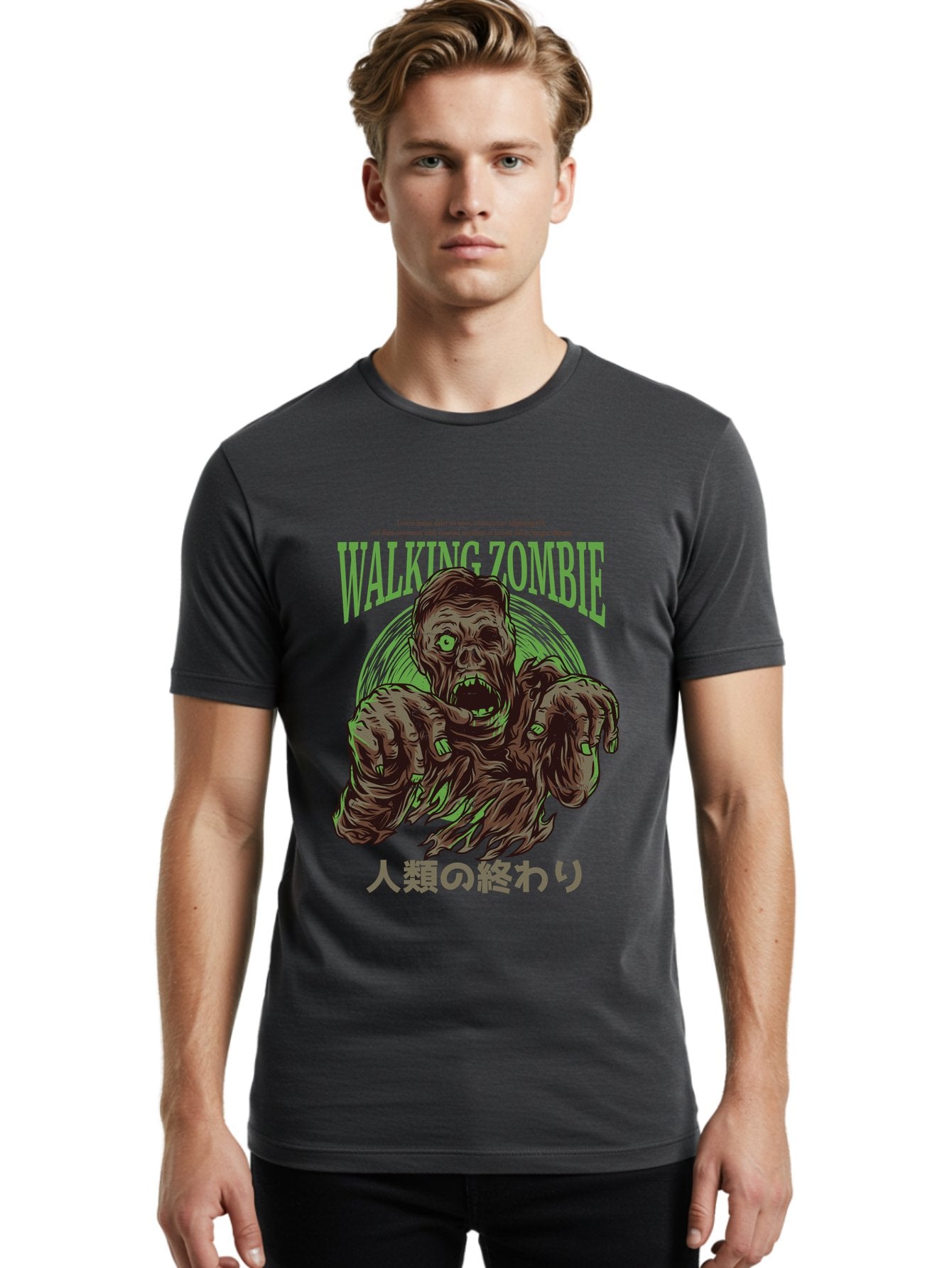 Walking-Zombie Men'S Graphic Tee, 100% Cotton, Comfortable Casual Summer Wear, Machine Washable, Zombie Apocalypse, Undead Creature, Horror Movie, Dark Art, Gruesome Illustration, Japanese Text, Zombie Outbreak, Creatures Of The Night Aad843 24