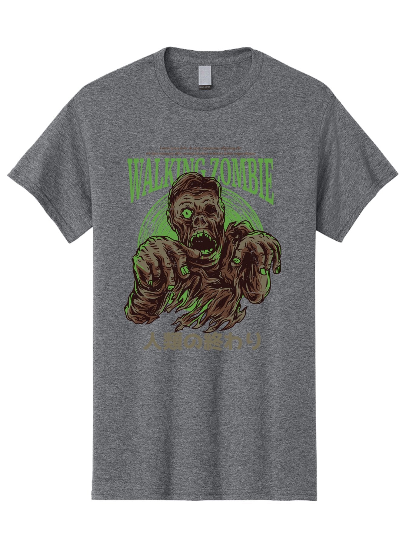 Walking-Zombie Men'S Graphic Tee, 100% Cotton, Comfortable Casual Summer Wear, Machine Washable, Zombie Apocalypse, Undead Creature, Horror Movie, Dark Art, Gruesome Illustration, Japanese Text, Zombie Outbreak, Creatures Of The Night Aad843