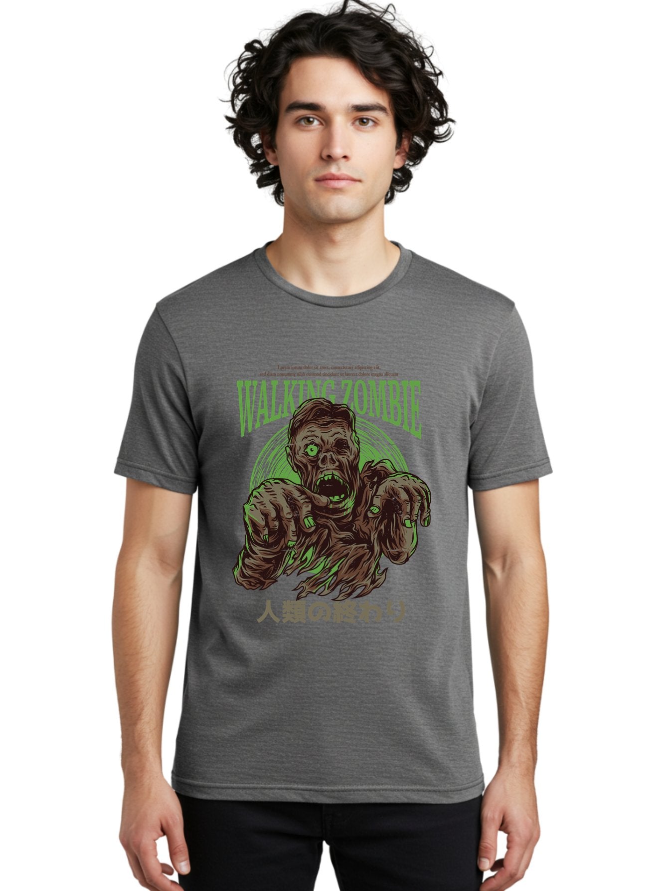 Walking-Zombie Men'S Graphic Tee, 100% Cotton, Comfortable Casual Summer Wear, Machine Washable, Zombie Apocalypse, Undead Creature, Horror Movie, Dark Art, Gruesome Illustration, Japanese Text, Zombie Outbreak, Creatures Of The Night Aad843 21