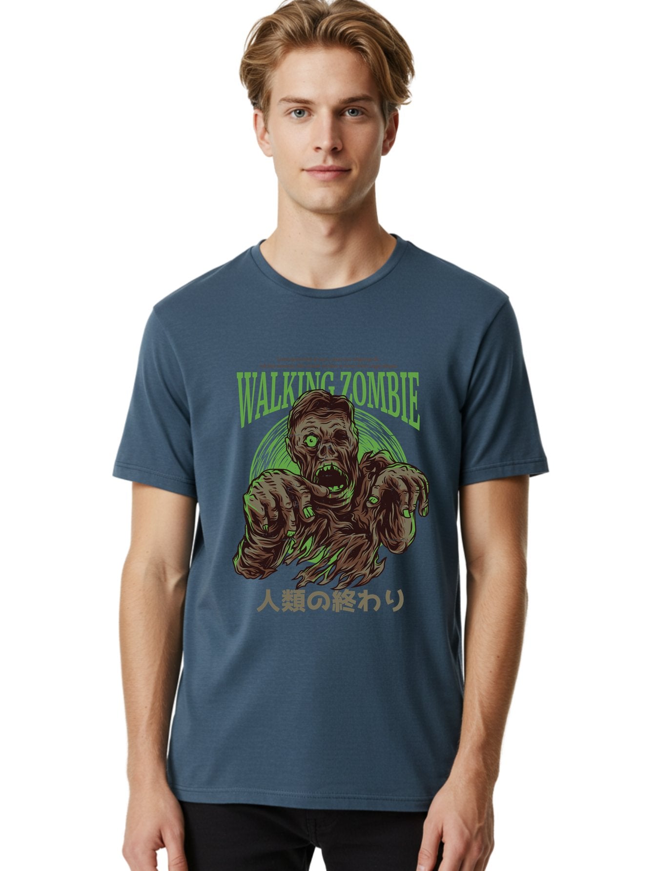 Walking-Zombie Men'S Graphic Tee, 100% Cotton, Comfortable Casual Summer Wear, Machine Washable, Zombie Apocalypse, Undead Creature, Horror Movie, Dark Art, Gruesome Illustration, Japanese Text, Zombie Outbreak, Creatures Of The Night Aad843 27