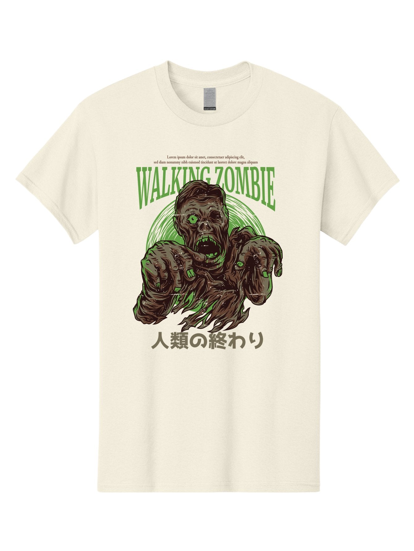 Walking-Zombie Men'S Graphic Tee, 100% Cotton, Comfortable Casual Summer Wear, Machine Washable, Zombie Apocalypse, Undead Creature, Horror Movie, Dark Art, Gruesome Illustration, Japanese Text, Zombie Outbreak, Creatures Of The Night Aad843