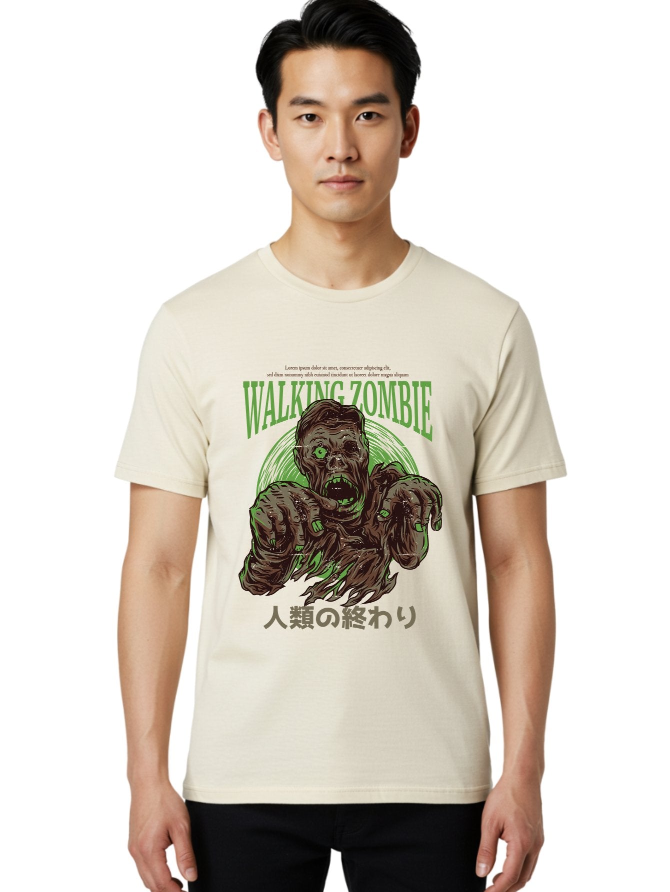 Walking-Zombie Men'S Graphic Tee, 100% Cotton, Comfortable Casual Summer Wear, Machine Washable, Zombie Apocalypse, Undead Creature, Horror Movie, Dark Art, Gruesome Illustration, Japanese Text, Zombie Outbreak, Creatures Of The Night Aad843 19