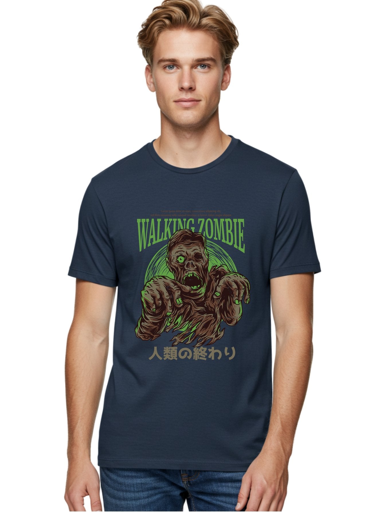 Walking-Zombie Men'S Graphic Tee, 100% Cotton, Comfortable Casual Summer Wear, Machine Washable, Zombie Apocalypse, Undead Creature, Horror Movie, Dark Art, Gruesome Illustration, Japanese Text, Zombie Outbreak, Creatures Of The Night Aad843 28
