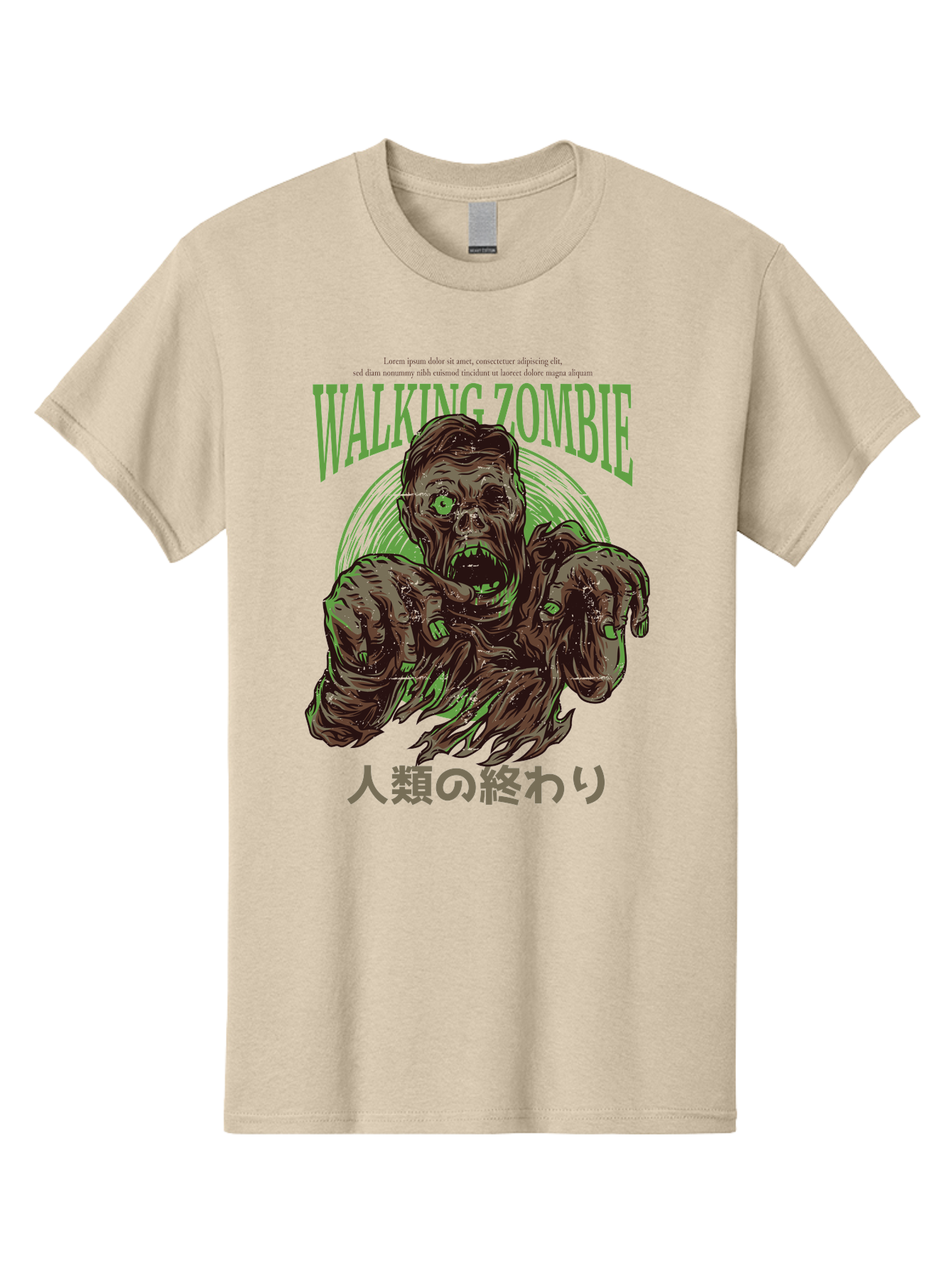 Walking-Zombie Men'S Graphic Tee, 100% Cotton, Comfortable Casual Summer Wear, Machine Washable, Zombie Apocalypse, Undead Creature, Horror Movie, Dark Art, Gruesome Illustration, Japanese Text, Zombie Outbreak, Creatures Of The Night Aad843