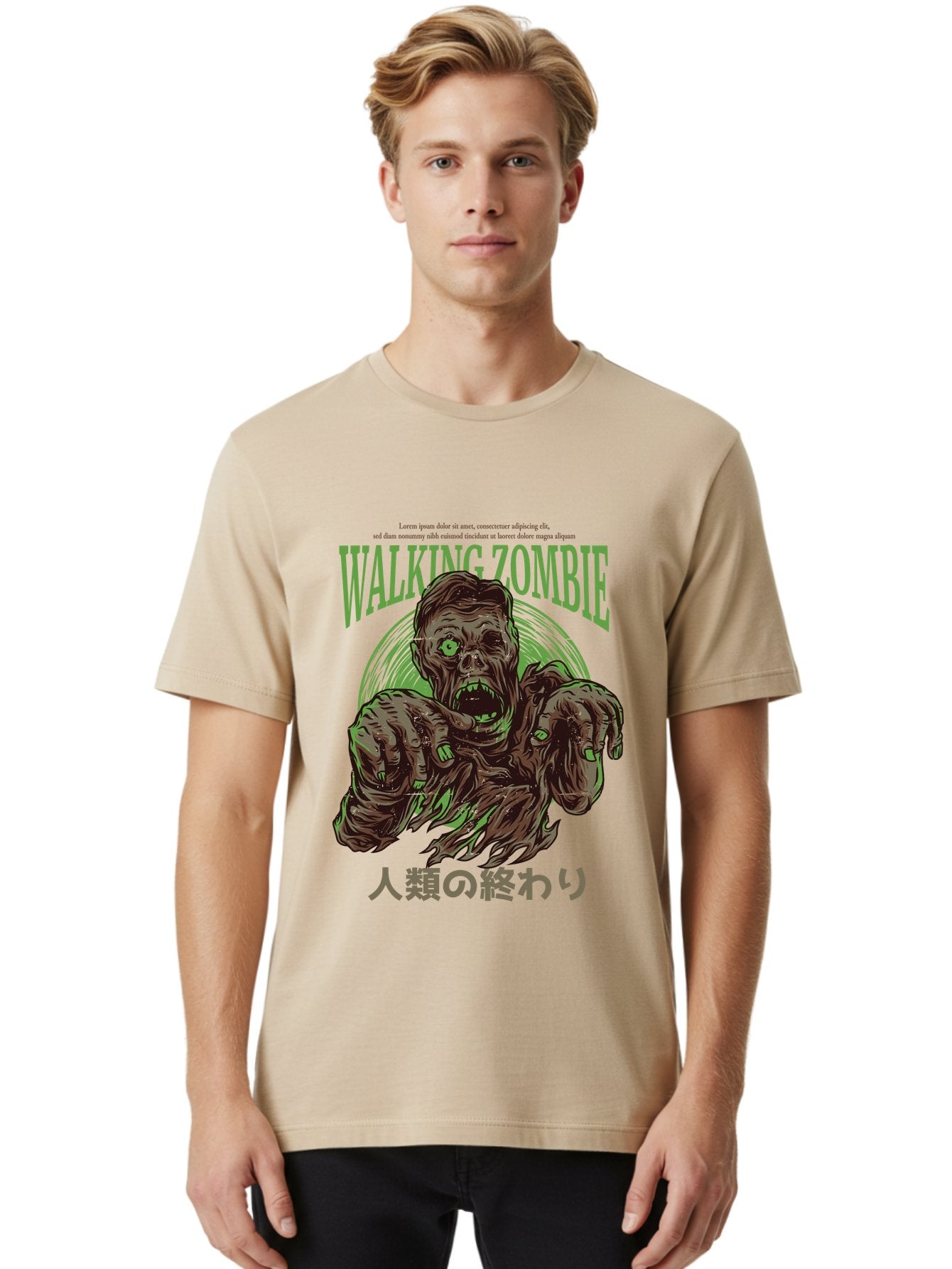 Walking-Zombie Men'S Graphic Tee, 100% Cotton, Comfortable Casual Summer Wear, Machine Washable, Zombie Apocalypse, Undead Creature, Horror Movie, Dark Art, Gruesome Illustration, Japanese Text, Zombie Outbreak, Creatures Of The Night Aad843 30