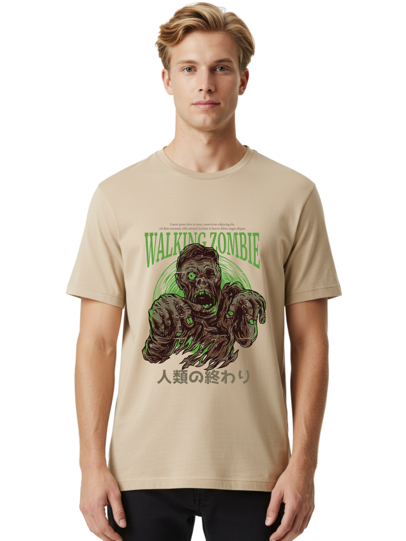 Walking-Zombie Men'S Graphic Tee, 100% Cotton, Comfortable Casual Summer Wear, Machine Washable, Zombie Apocalypse, Undead Creature, Horror Movie, Dark Art, Gruesome Illustration, Japanese Text, Zombie Outbreak, Creatures Of The Night Aad843