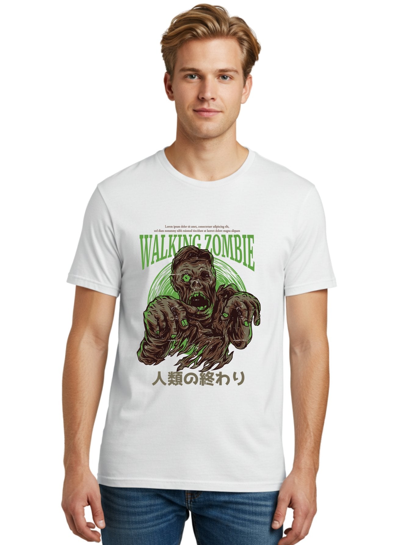 Walking-Zombie Men'S Graphic Tee, 100% Cotton, Comfortable Casual Summer Wear, Machine Washable, Zombie Apocalypse, Undead Creature, Horror Movie, Dark Art, Gruesome Illustration, Japanese Text, Zombie Outbreak, Creatures Of The Night Aad843 18