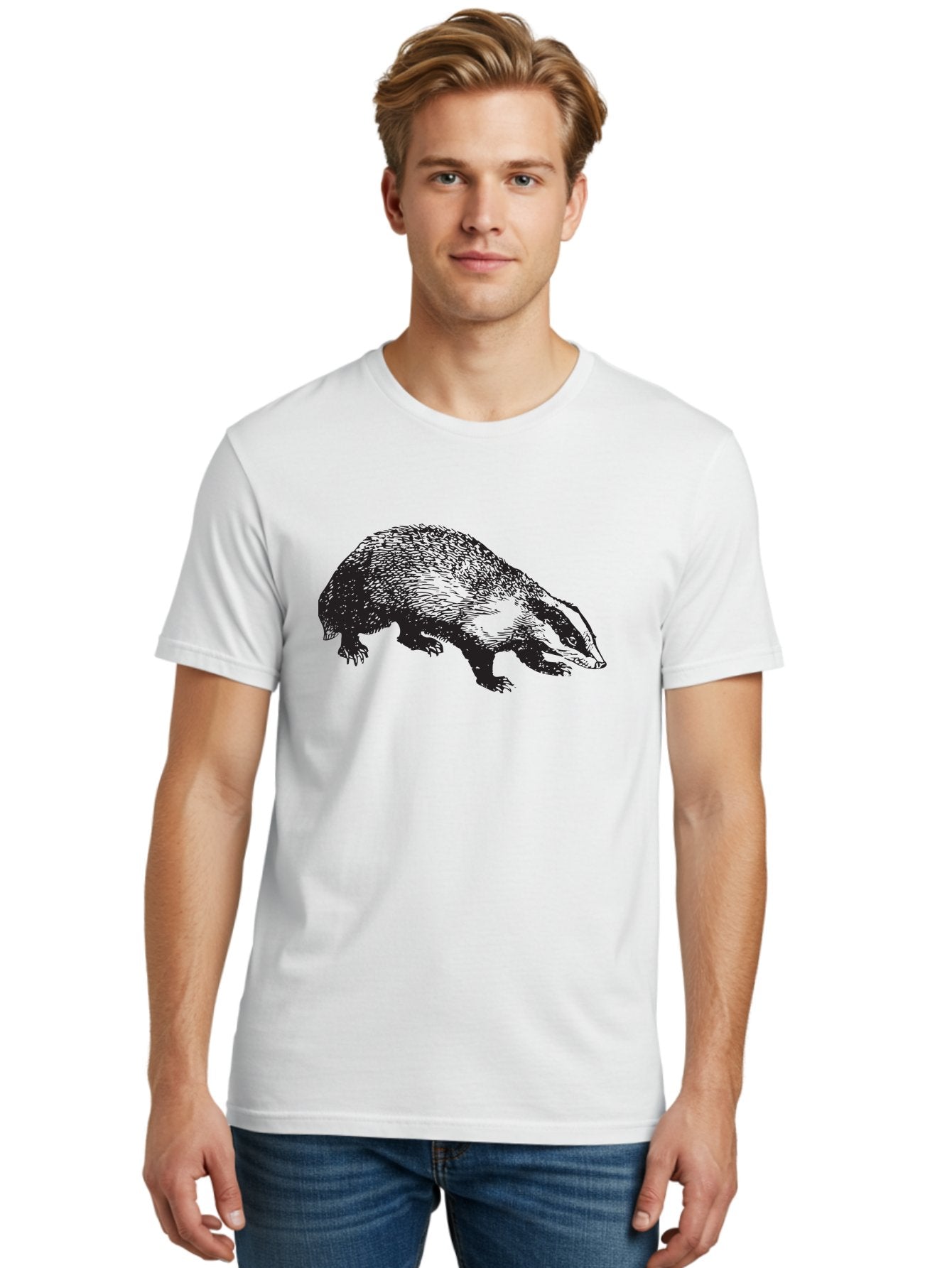 Badger Men'S Graphic Tee, 100% Cotton, Comfortable Casual Summer Wear, Machine Washable, Badger Illustration, Wildlife Art, Animal Graphics, Black And Green Colors, Detailed Texture, Wildlife Design, Furry Creature, Omnivorous Mammal Aad847 28