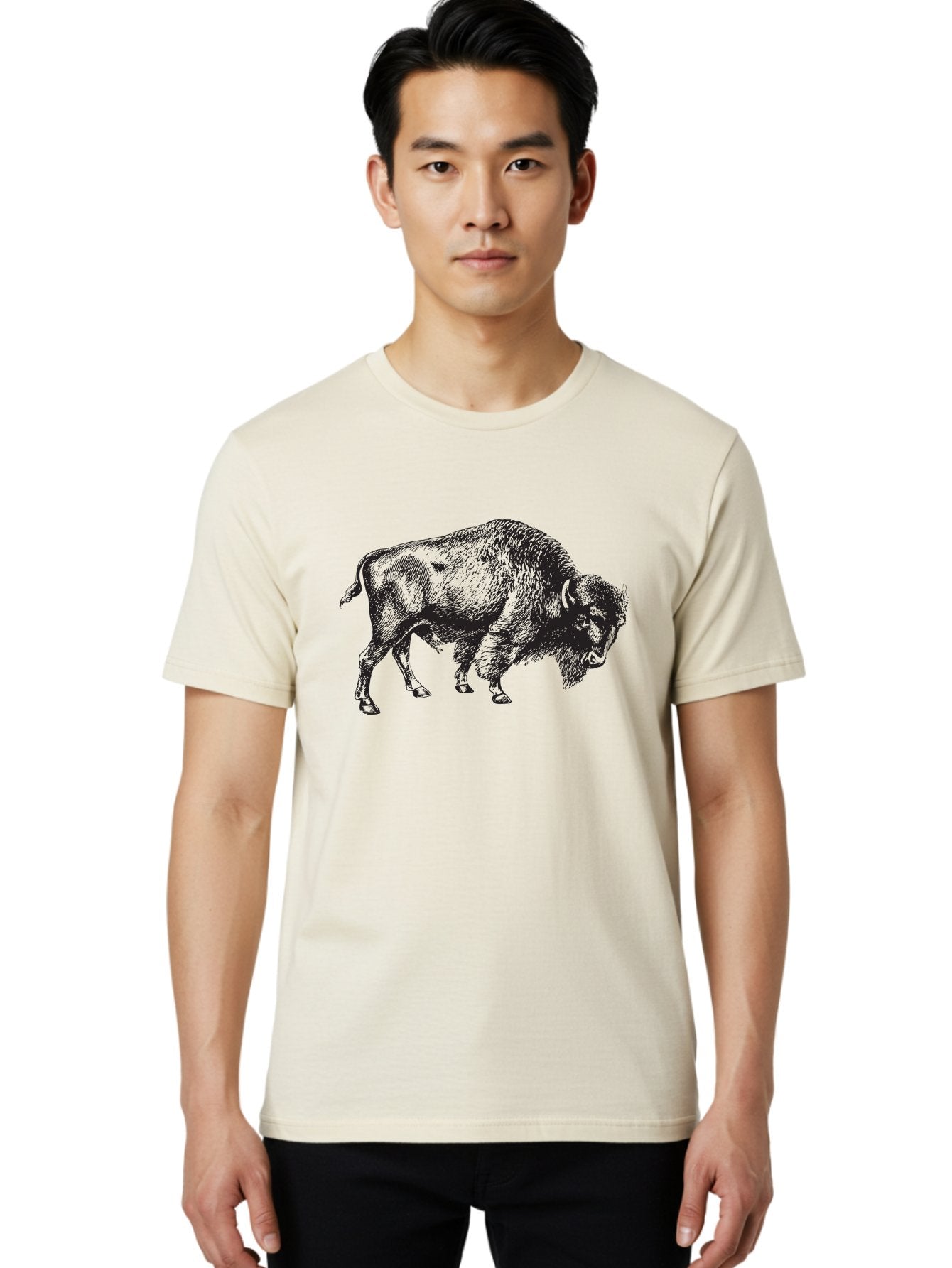 Bison Men'S Graphic Tee, 100% Cotton, Comfortable Casual Summer Wear, Machine Washable, Bison, Wildlife Illustration, American Bison, Wild Animal Art, Majestic Creature, Nature Graphic, Furry Mammal, Bovid Species Aad852 26