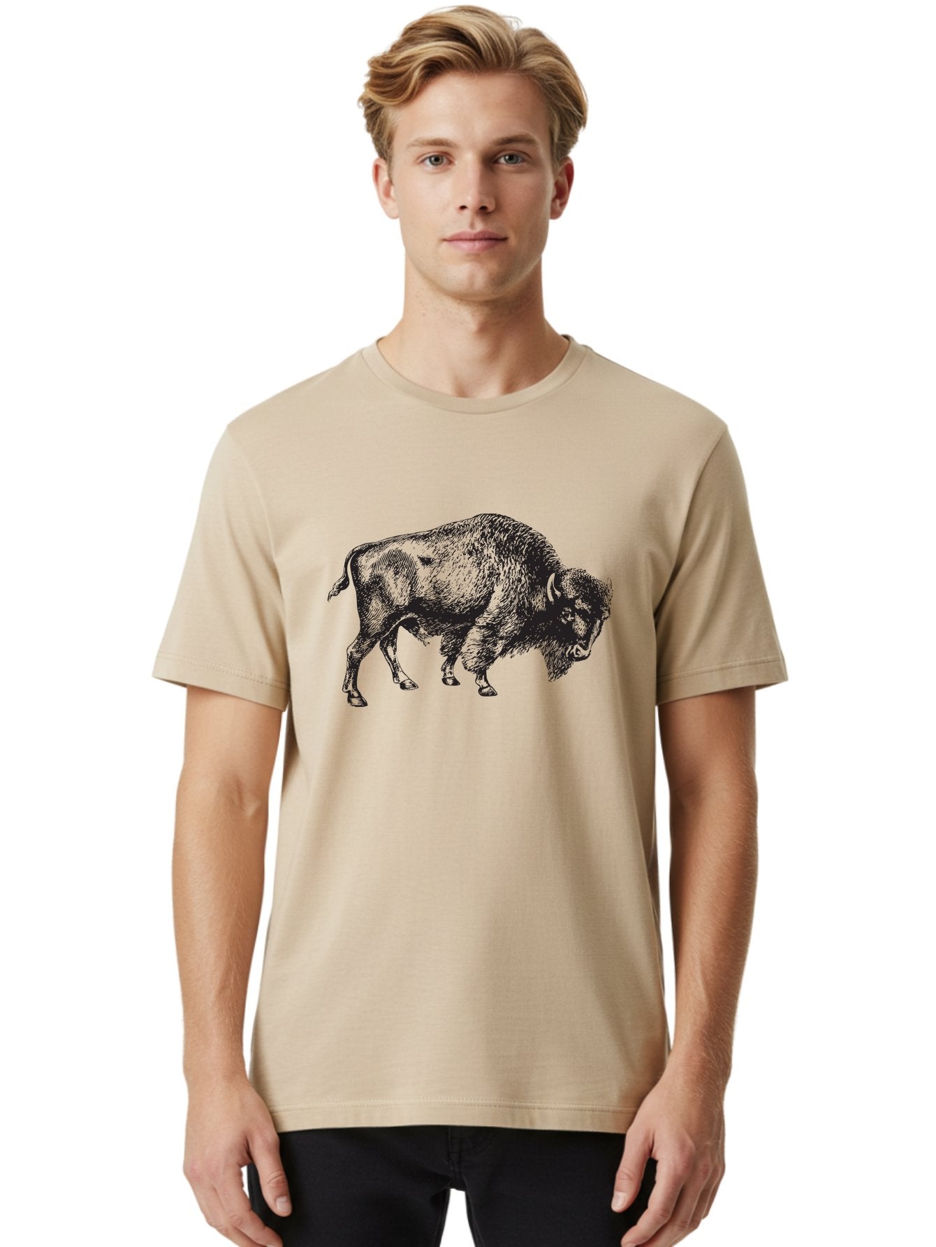 Bison Men'S Graphic Tee, 100% Cotton, Comfortable Casual Summer Wear, Machine Washable, Bison, Wildlife Illustration, American Bison, Wild Animal Art, Majestic Creature, Nature Graphic, Furry Mammal, Bovid Species Aad852 16