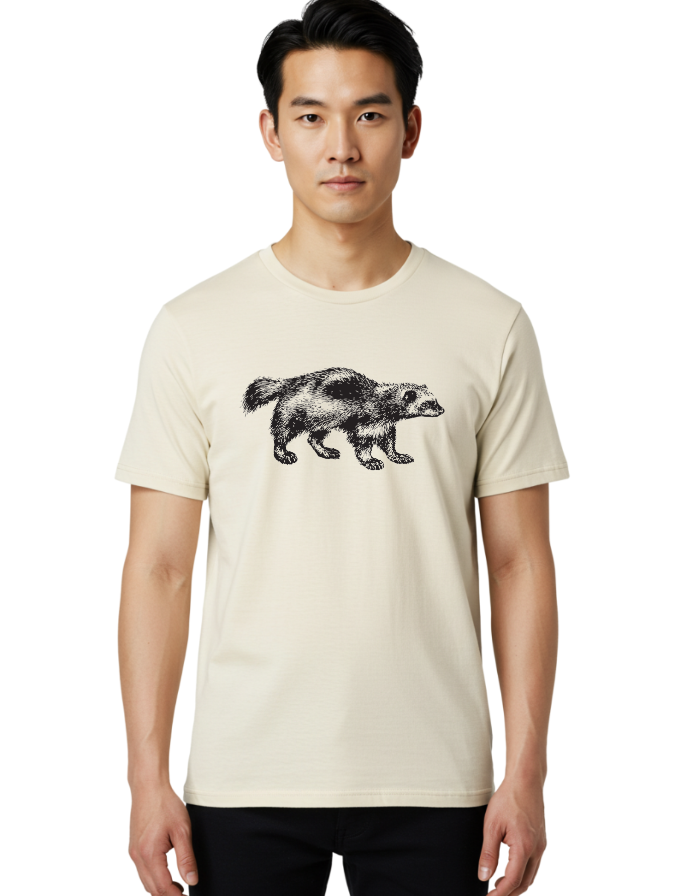 Black-Badger Men'S Graphic Tee, 100% Cotton, Comfortable Casual Summer Wear, Machine Washable, Badger Illustration, Animal Art, Wildlife Graphic, Stylized Mammal, Furry Creature, Monochrome Design, Bold Lines, Rugged Texture, Wildlife Symbol Aad853 4