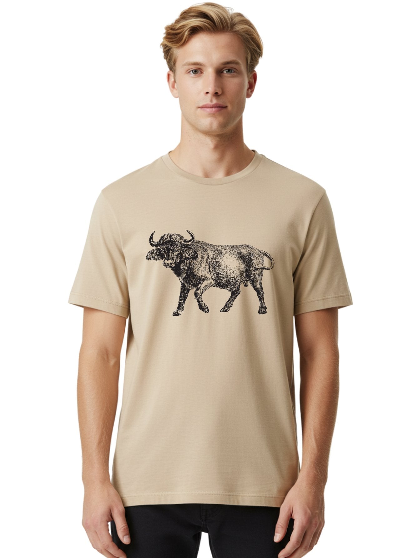 Bull-Illustration Men'S Graphic Tee, 100% Cotton, Comfortable Casual Summer Wear, Machine Washable, Wild Animal, Bovine Illustration, Majestic Horns, Grazing Mammal, Wildlife Artwork, Rustic Charm, Detailed Engraving, Farm Animal, Aad859 24