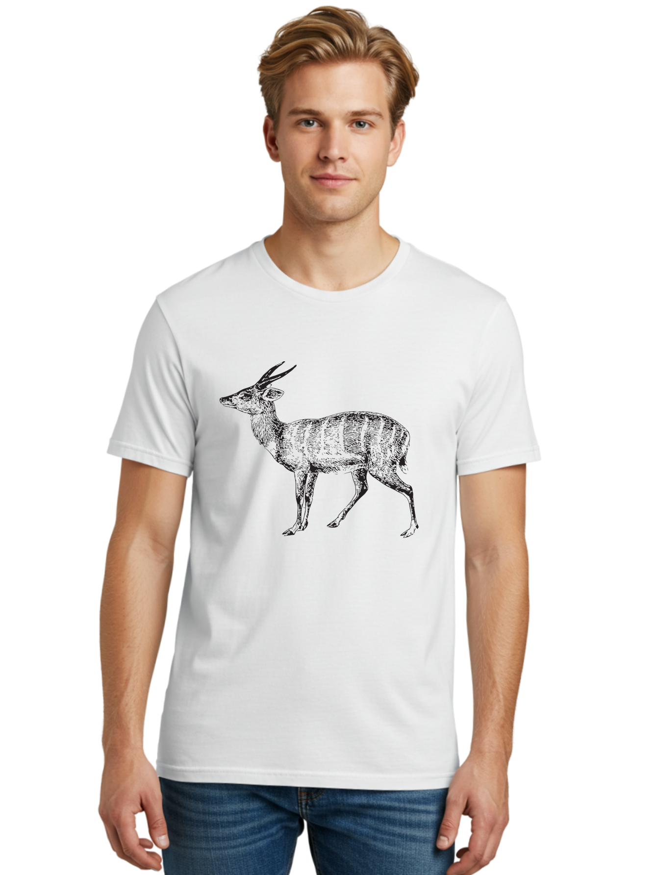 Bushbuck-Sketch Men'S Graphic Tee, 100% Cotton, Comfortable Casual Summer Wear, Machine Washable, Illustration Of A Deer, Animal Art, Wildlife, Forest Creature, Horned Mammal, Nature-Inspired Design, Graphic Illustration, Sketch Art Aad860 24