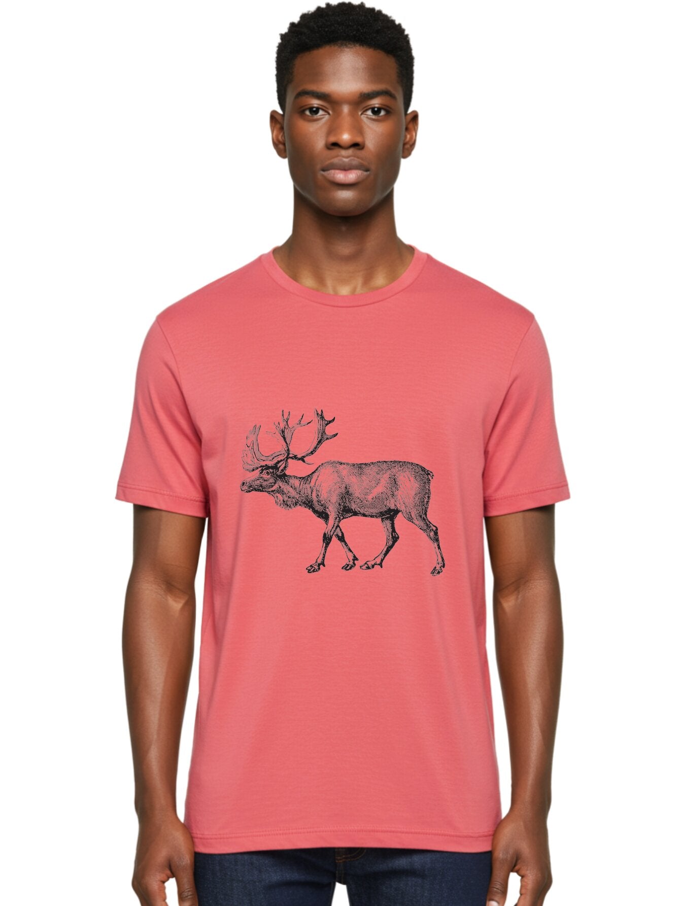 Caribou Men'S Graphic Tee, 100% Cotton, Comfortable Casual Summer Wear, Machine Washable, Illustration Of A Caribou, Wildlife Art, Detailed Drawing, Antlers, Animal Portrait, Outdoor Enthusiasts, Nature Lovers, Graphic Design Aad862 28