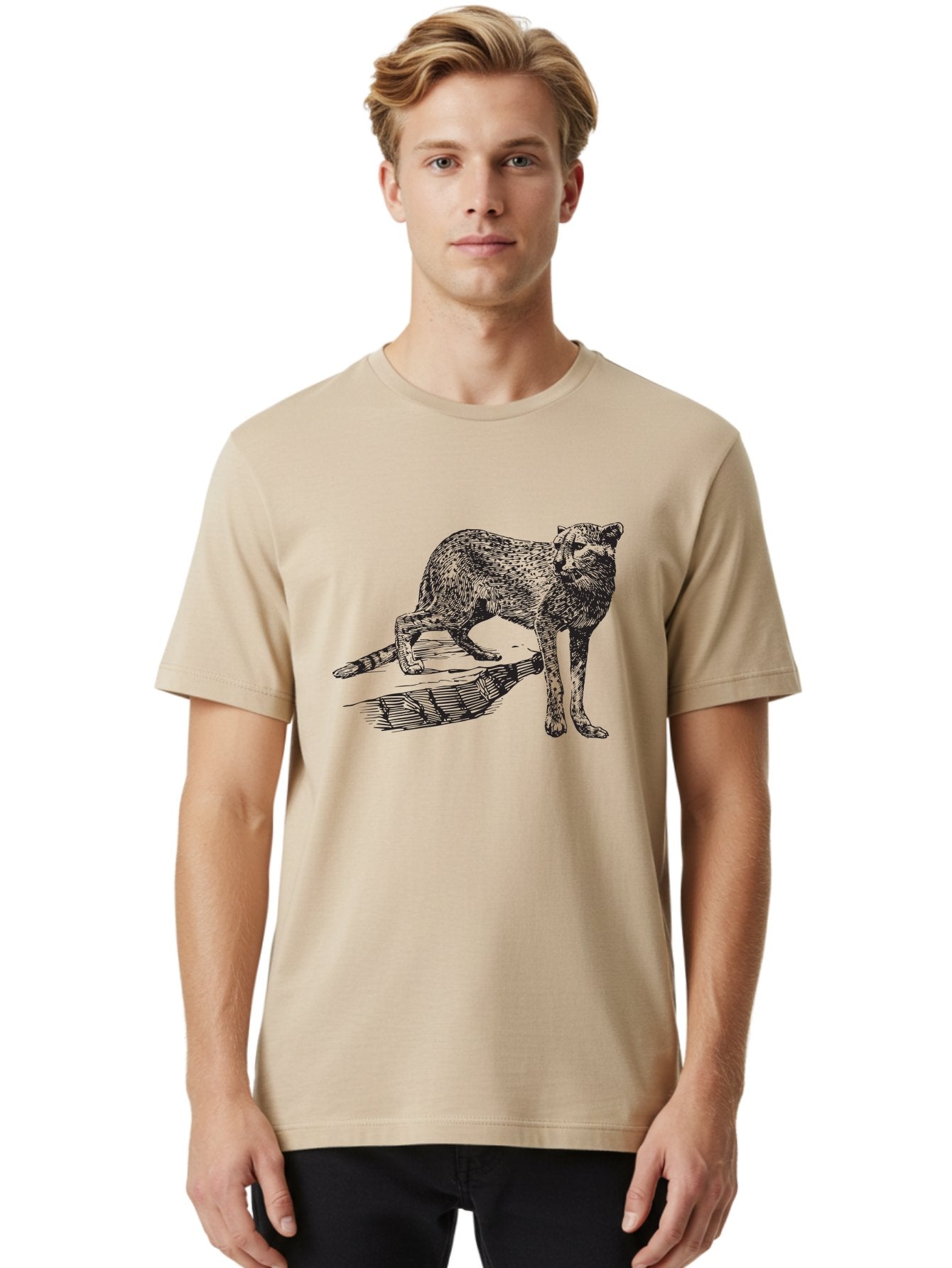 Cat-On-Log Men'S Graphic Tee, 100% Cotton, Comfortable Casual Summer Wear, Machine Washable, Cat On A Branch, Feline Animal, Wildlife Illustration, Shaded Artwork, Cat'S Posture, Serene Moment, Tree Branch, Sketch Art Aad864 26