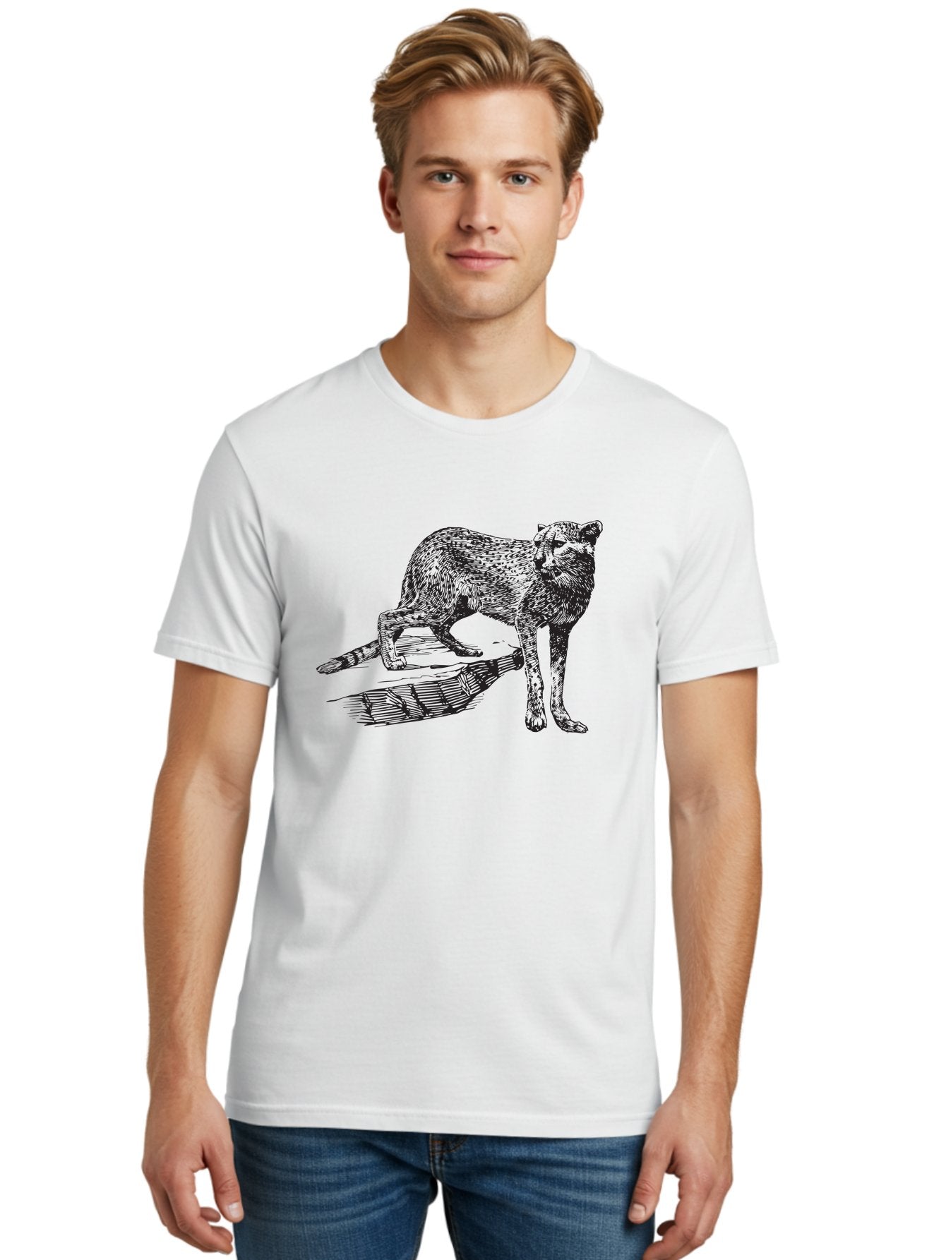 Cat-On-Log Men'S Graphic Tee, 100% Cotton, Comfortable Casual Summer Wear, Machine Washable, Cat On A Branch, Feline Animal, Wildlife Illustration, Shaded Artwork, Cat'S Posture, Serene Moment, Tree Branch, Sketch Art Aad864 24