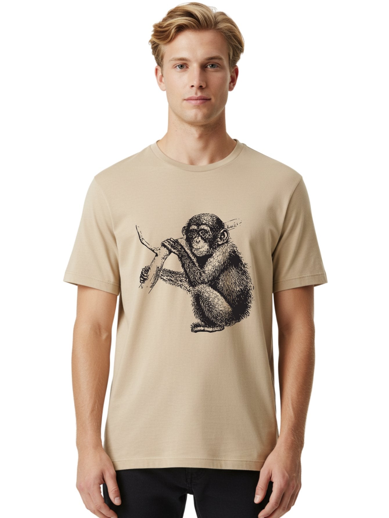 Chimpanzee Men'S Graphic Tee, 100% Cotton, Comfortable Casual Summer Wear, Machine Washable, Chimpanzee Hanging From Branch, Primate Artwork, Monkey Illustration, Wildlife Graphic, Animal Drawing, Edll Art Aad867 23