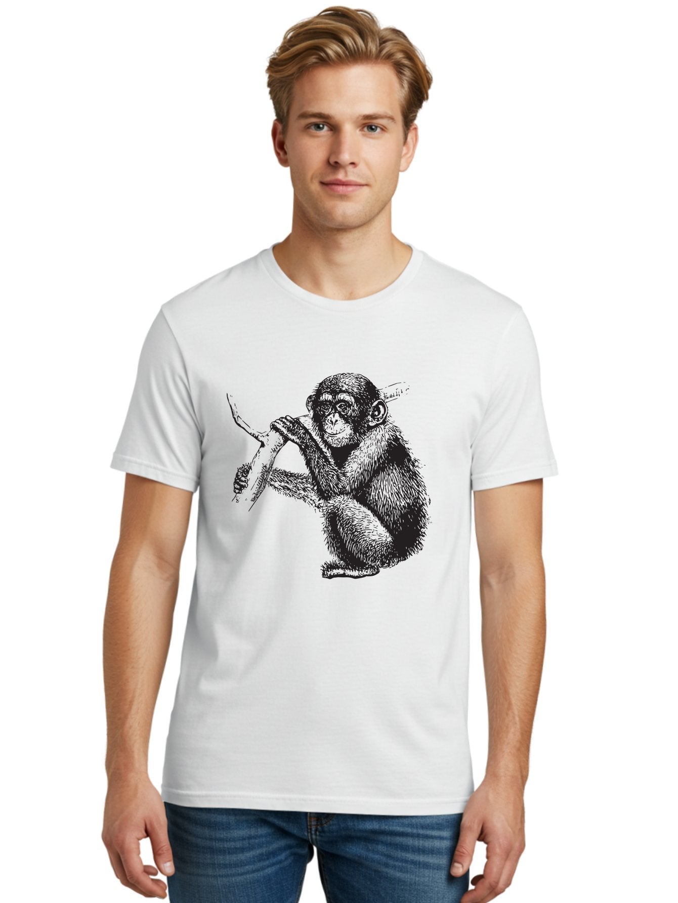 Chimpanzee Men'S Graphic Tee, 100% Cotton, Comfortable Casual Summer Wear, Machine Washable, Chimpanzee Hanging From Branch, Primate Artwork, Monkey Illustration, Wildlife Graphic, Animal Drawing, Edll Art Aad867 30