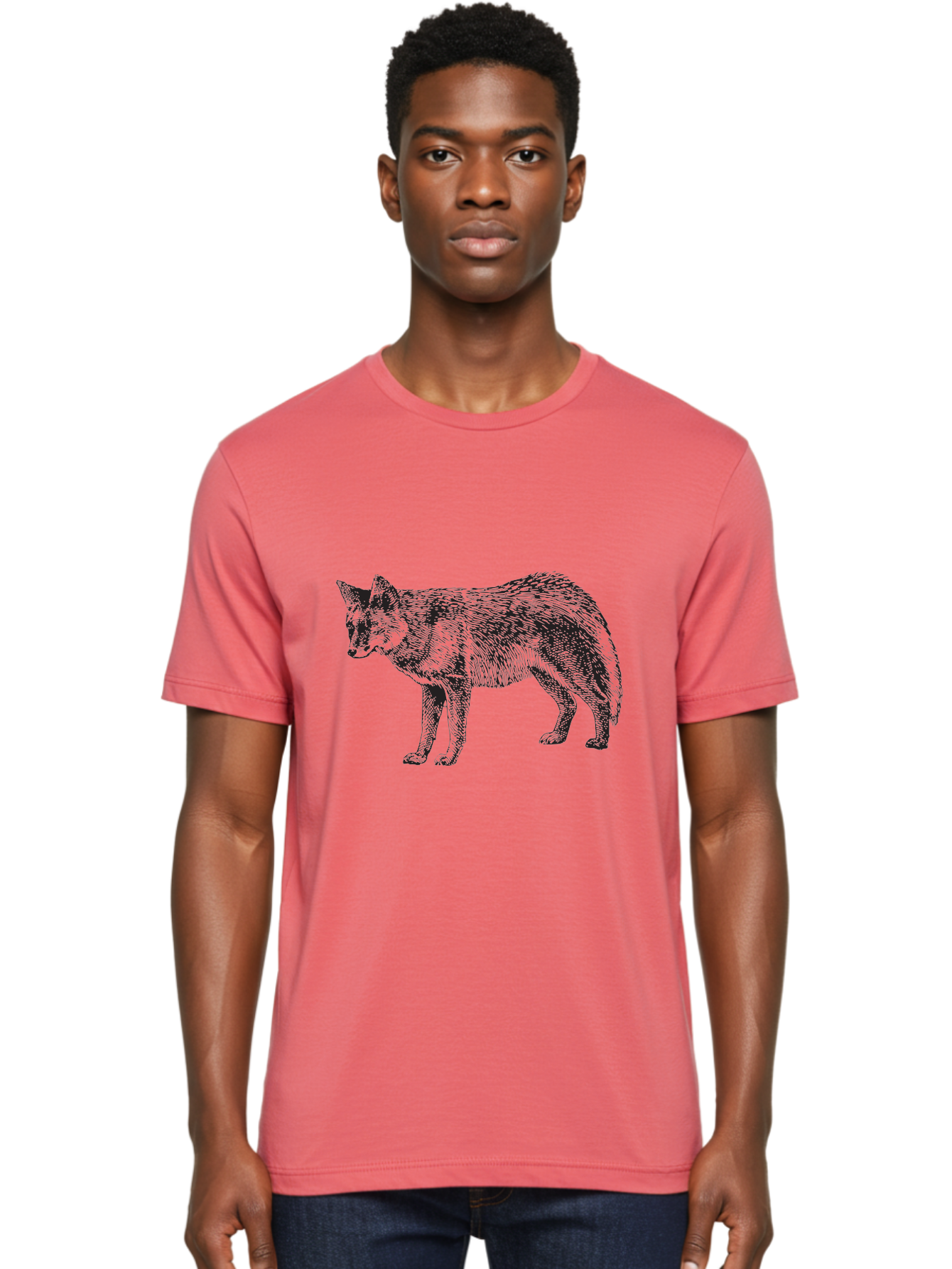 Coyote Men'S Graphic Tee, 100% Cotton, Comfortable Casual Summer Wear, Machine Washable, Coyote Illustration, Wild Animal, Cross-Hatched Shading, Wildlife Art, Monochrome Graphic, Canine Portrait, Forest Creature, Hand-Drawn Design, Aad871 30