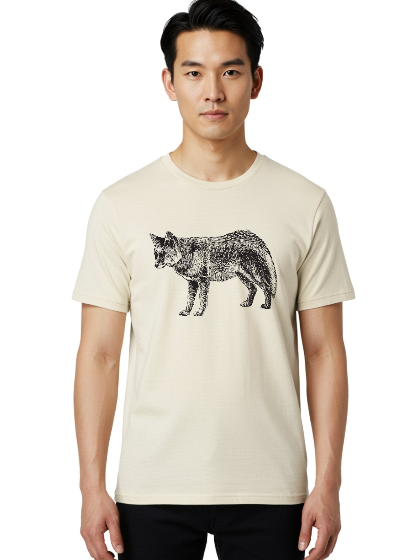 Coyote Men'S Graphic Tee, 100% Cotton, Comfortable Casual Summer Wear, Machine Washable, Coyote Illustration, Wild Animal, Cross-Hatched Shading, Wildlife Art, Monochrome Graphic, Canine Portrait, Forest Creature, Hand-Drawn Design, Aad871 25