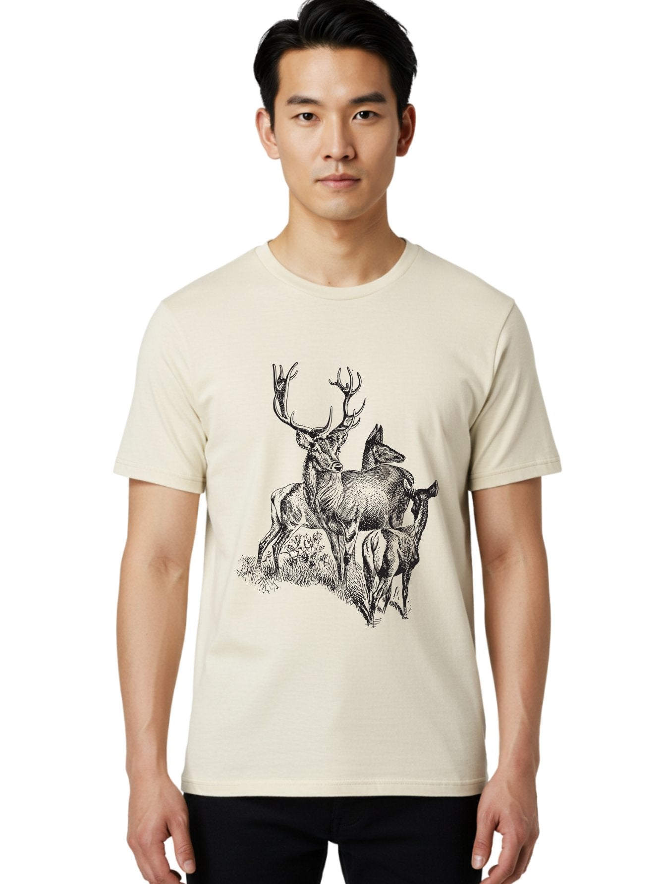 Deer-Family Men'S Graphic Tee, 100% Cotton, Comfortable Casual Summer Wear, Machine Washable, Deer With Antlers, Wildlife Illustration, Forest Animals, Family Of Deer, Majestic Stag, Serene Scene, Natural Habitat, Detailed Drawing, Aad874 30