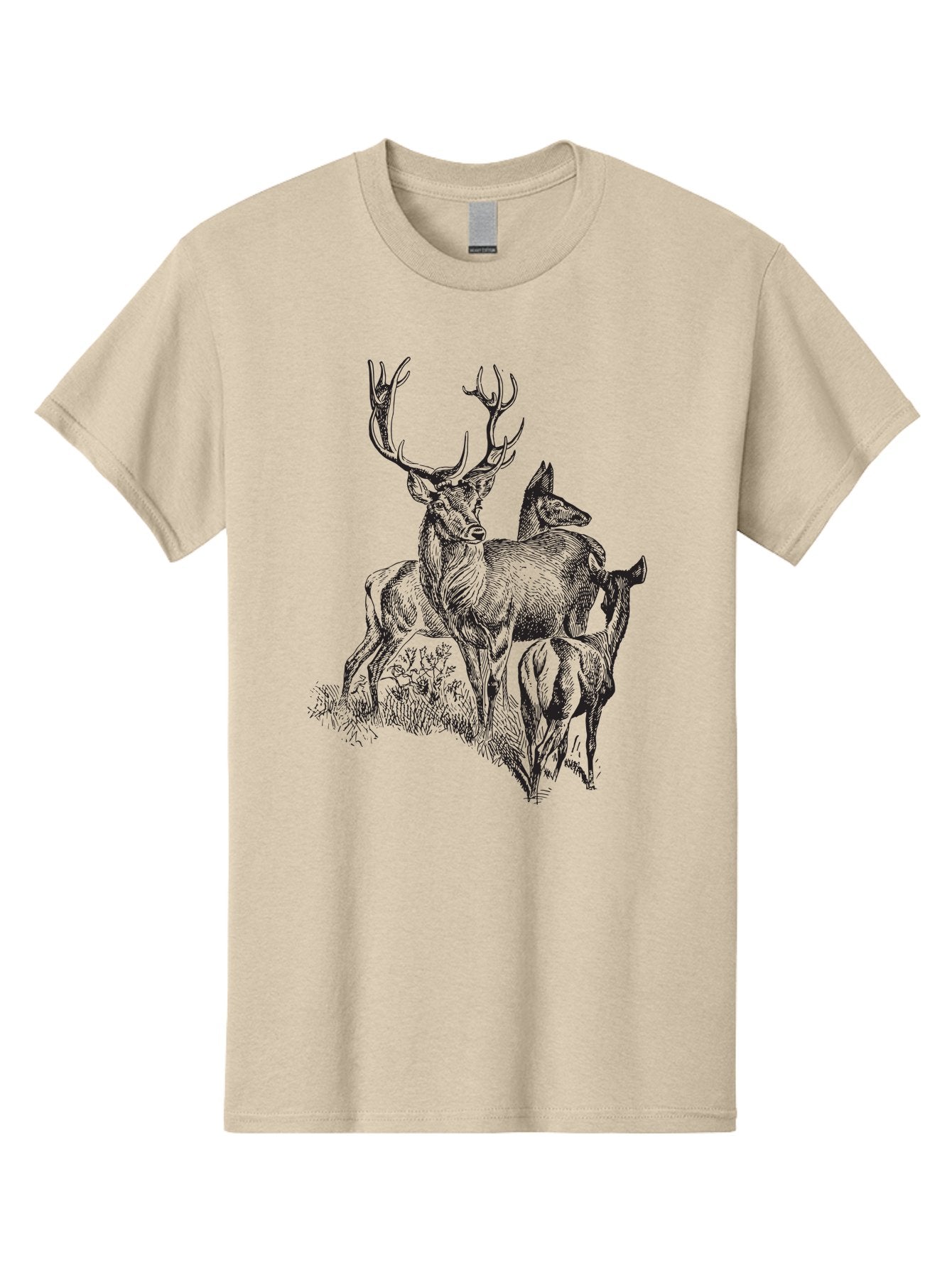 Deer-Family Men'S Graphic Tee, 100% Cotton, Comfortable Casual Summer Wear, Machine Washable, Deer With Antlers, Wildlife Illustration, Forest Animals, Family Of Deer, Majestic Stag, Serene Scene, Natural Habitat, Detailed Drawing, Aad874 5
