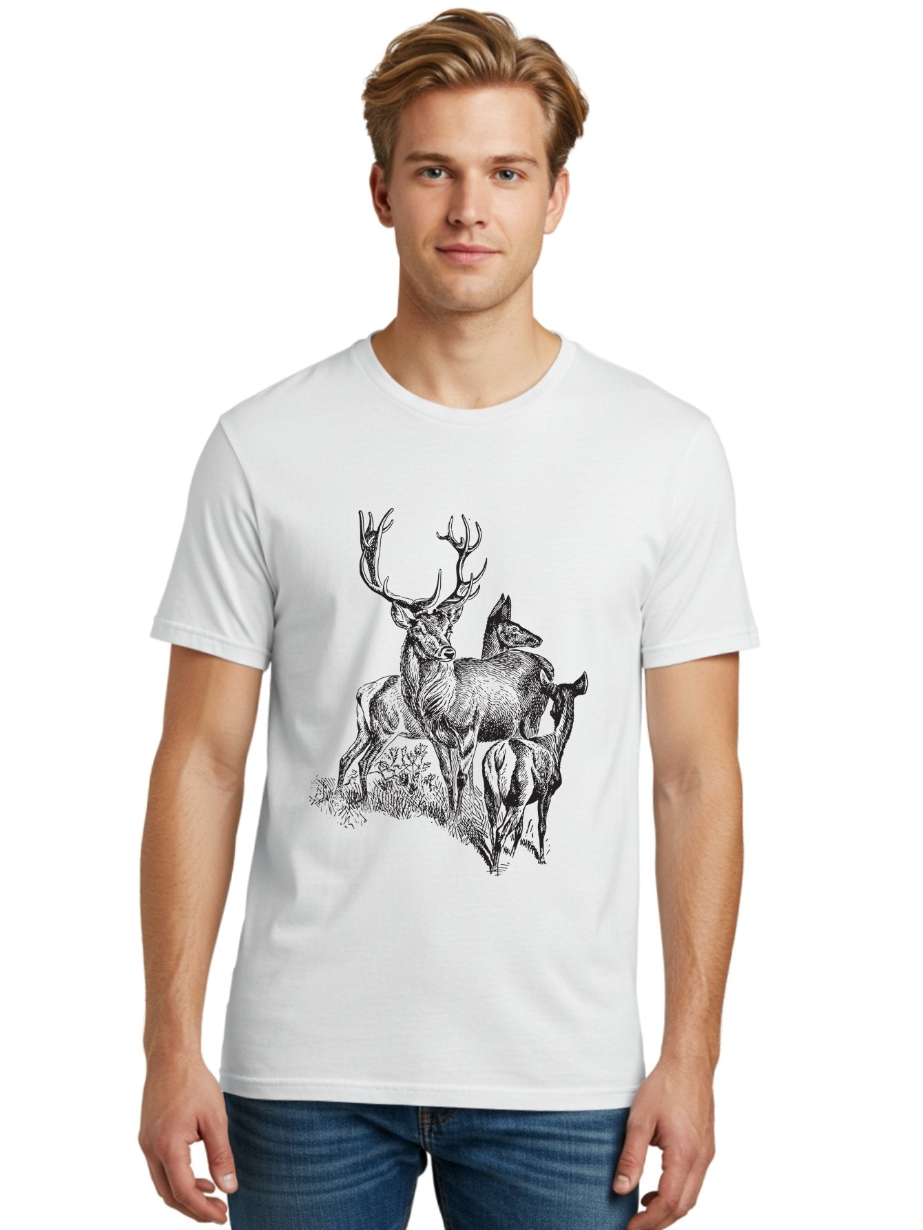 Deer-Family Men'S Graphic Tee, 100% Cotton, Comfortable Casual Summer Wear, Machine Washable, Deer With Antlers, Wildlife Illustration, Forest Animals, Family Of Deer, Majestic Stag, Serene Scene, Natural Habitat, Detailed Drawing, Aad874 20