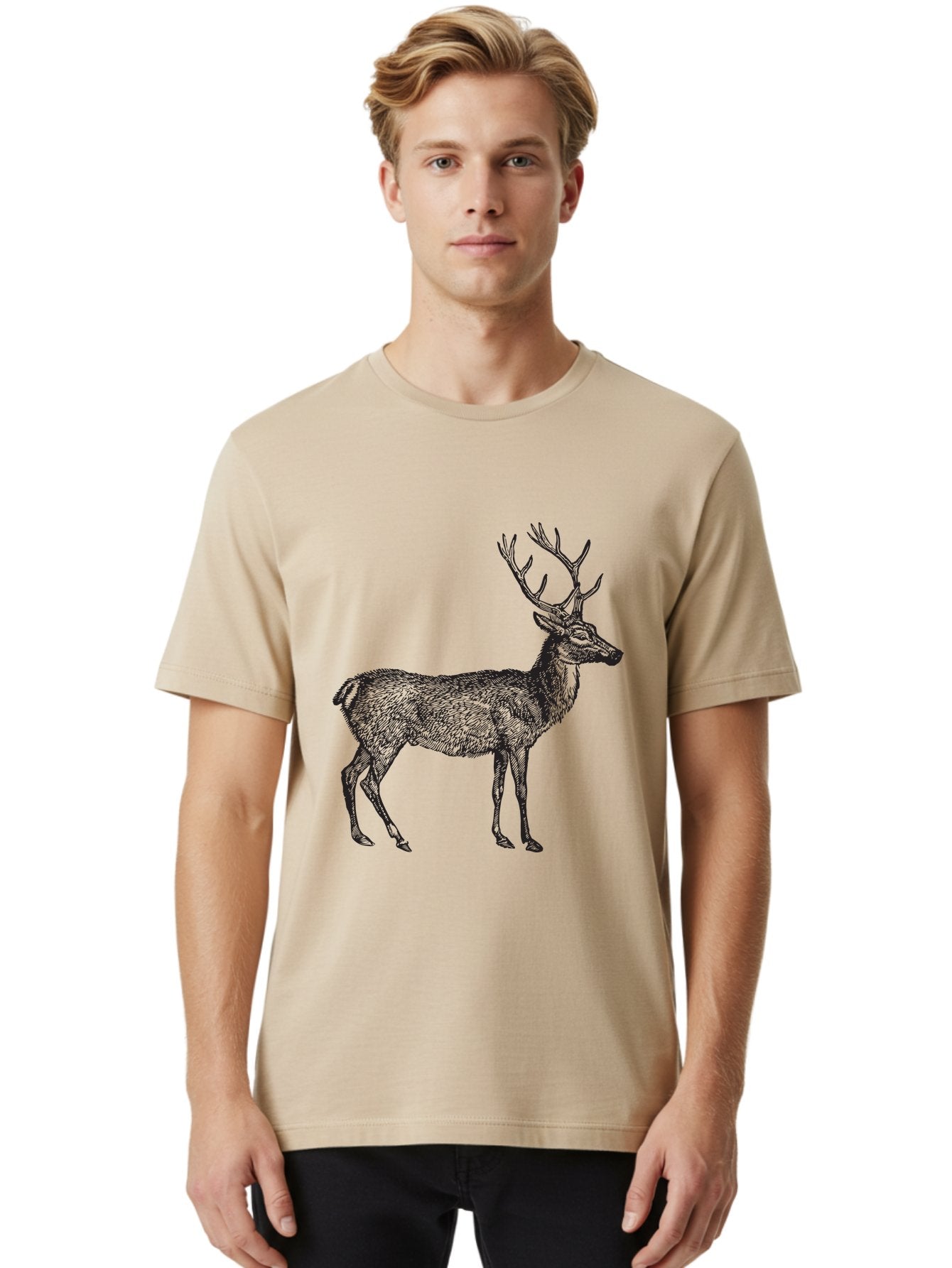 Deer-Illustration Men'S Graphic Tee, 100% Cotton, Comfortable Casual Summer Wear, Machine Washable, Deer With Antlers, Wildlife Illustration, Animal Drawing, Forest Creature, Majestic Animal, Natural World, Wild Deer Aad875 27