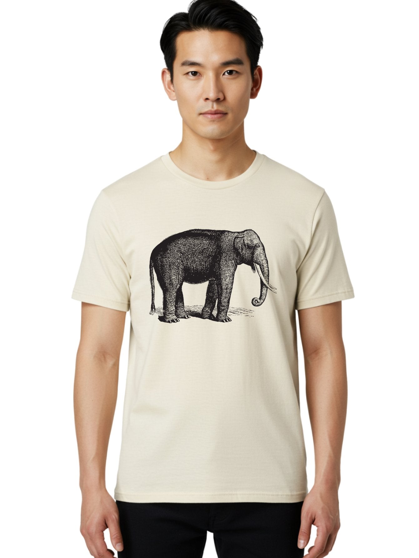 Elephant-Illustration Men'S Graphic Tee, 100% Cotton, Comfortable Casual Summer Wear, Machine Washable, Large Elephant, Wild Animal, Detailed Illustration, Cross-Hatching Technique, Long Trunk, Tusks, Wildlife Art, Realistic Drawing, Aad879 22