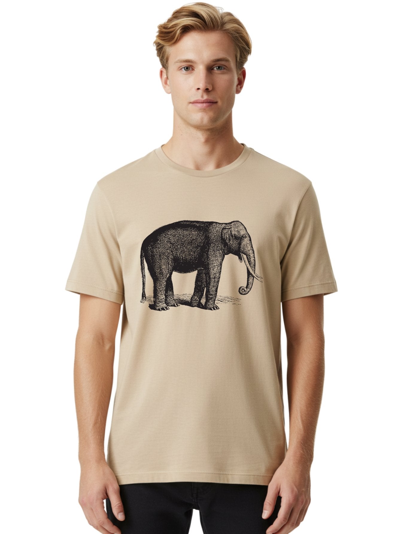 Elephant-Illustration Men'S Graphic Tee, 100% Cotton, Comfortable Casual Summer Wear, Machine Washable, Large Elephant, Wild Animal, Detailed Illustration, Cross-Hatching Technique, Long Trunk, Tusks, Wildlife Art, Realistic Drawing, Aad879 24