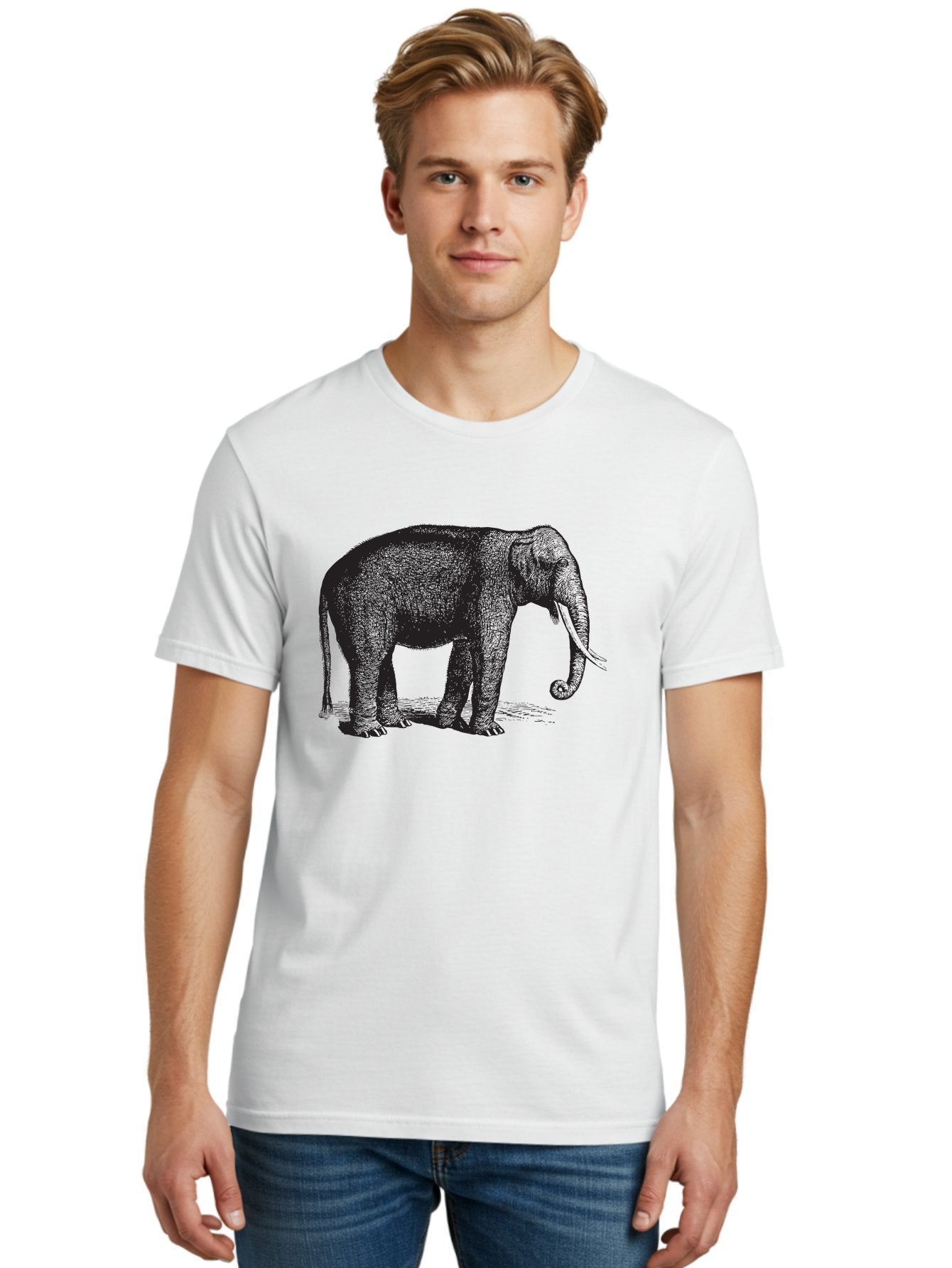 Elephant-Illustration Men'S Graphic Tee, 100% Cotton, Comfortable Casual Summer Wear, Machine Washable, Large Elephant, Wild Animal, Detailed Illustration, Cross-Hatching Technique, Long Trunk, Tusks, Wildlife Art, Realistic Drawing, Aad879 20