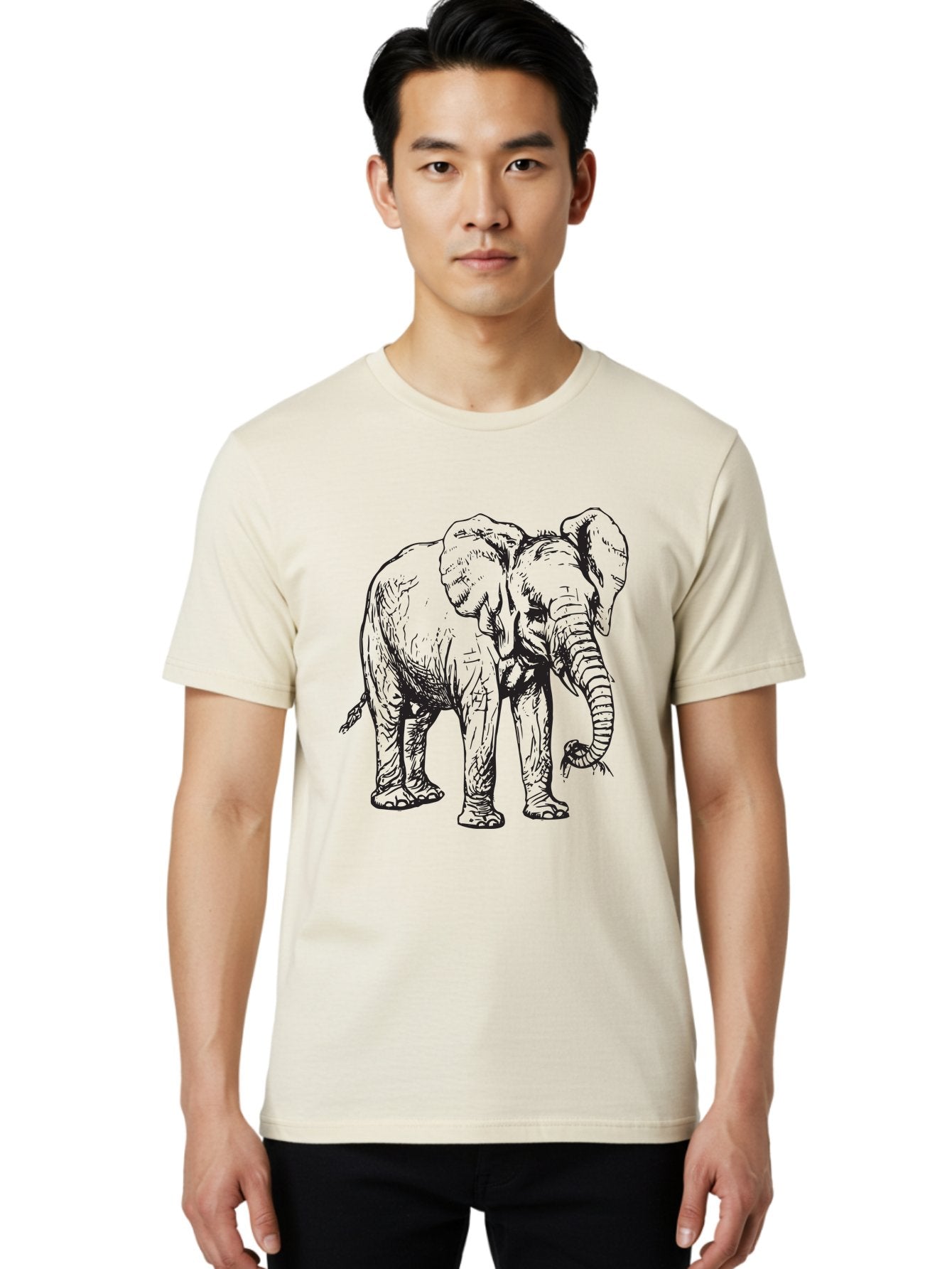 Elephant Men'S Graphic Tee, 100% Cotton, Comfortable Casual Summer Wear, Machine Washable, Black And White Elephant Illustration, Elephant Artwork, Wildlife Graphics, Elephant Design, Detailed Drawing, Cartoon Style Aad880 24