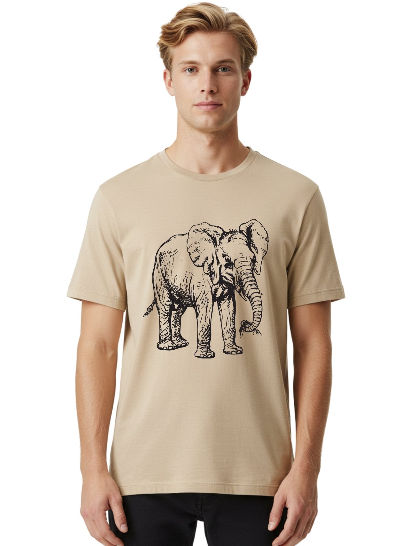 Elephant Men'S Graphic Tee, 100% Cotton, Comfortable Casual Summer Wear, Machine Washable, Black And White Elephant Illustration, Elephant Artwork, Wildlife Graphics, Elephant Design, Detailed Drawing, Cartoon Style Aad880 21