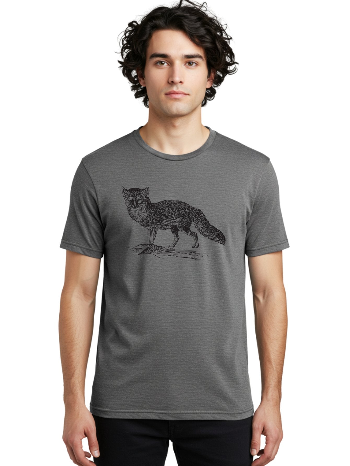 Fox-Illustration Men'S Graphic Tee, 100% Cotton, Comfortable Casual Summer Wear, Machine Washable, Fox Illustration, Wildlife Art, Monochrome Graphic, Natural Scenery, Wildlife Photography, Animal Art, Furry Creature, Forest Animal Aad884 23