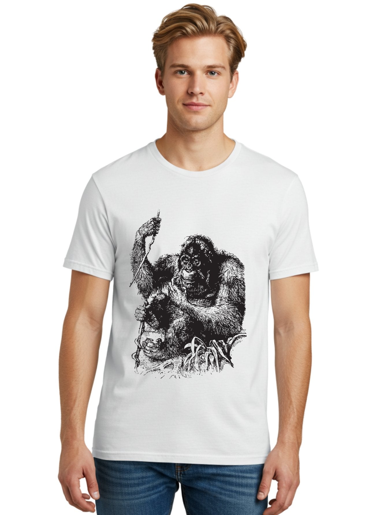 Foxy-Gorilla Men'S Graphic Tee, 100% Cotton, Comfortable Casual Summer Wear, Machine Washable, Gorilla Holding Foxy, Wild Animals, Jungle Creatures, Furry Friends, Animal Graphics, Wildlife Art, Primal Scene, Savage Beast Aad886 23