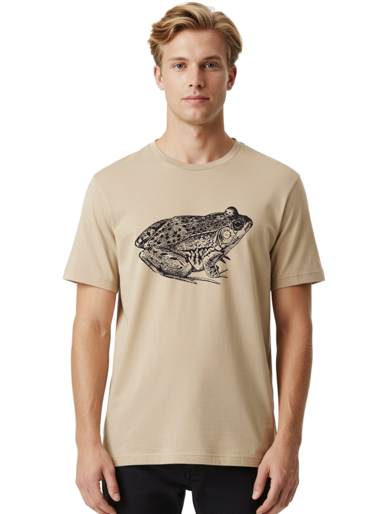 Frog-Illustration Men'S Graphic Tee, 100% Cotton, Comfortable Casual Summer Wear, Machine Washable, Frog, Toad, Amphibian, Illustration, Detailed Drawing, Wildlife Art, Nature, Animal, Black Lines Aad887 24