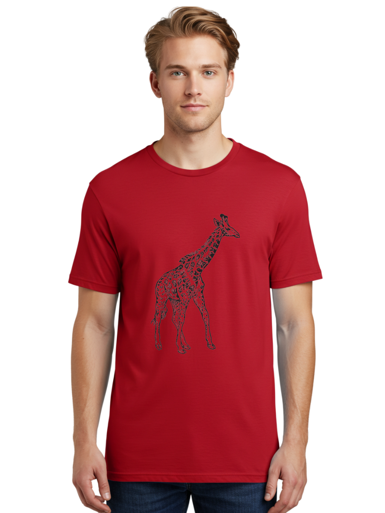 Giraffe Men'S Graphic Tee, 100% Cotton, Comfortable Casual Summer Wear, Machine Washable, Giraffe Illustration, Safari Animal, Wildlife Graphic, Spotted Fur, Tall Mammal, Cartoon Style, Simple Design, Black Outline Aad893