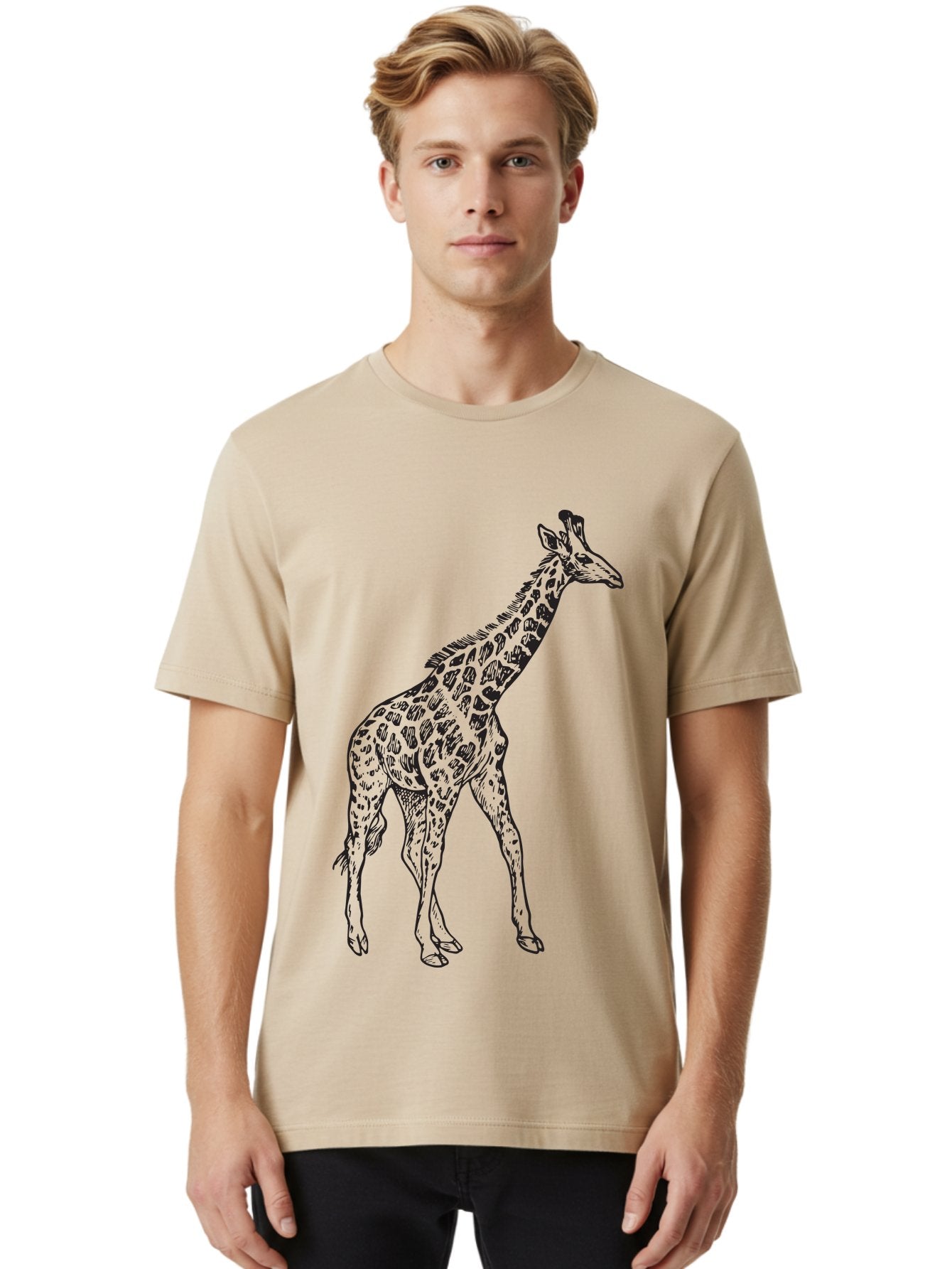 Giraffe Men'S Graphic Tee, 100% Cotton, Comfortable Casual Summer Wear, Machine Washable, Giraffe Illustration, Safari Animal, Wildlife Graphic, Spotted Fur, Tall Mammal, Cartoon Style, Simple Design, Black Outline Aad893 25