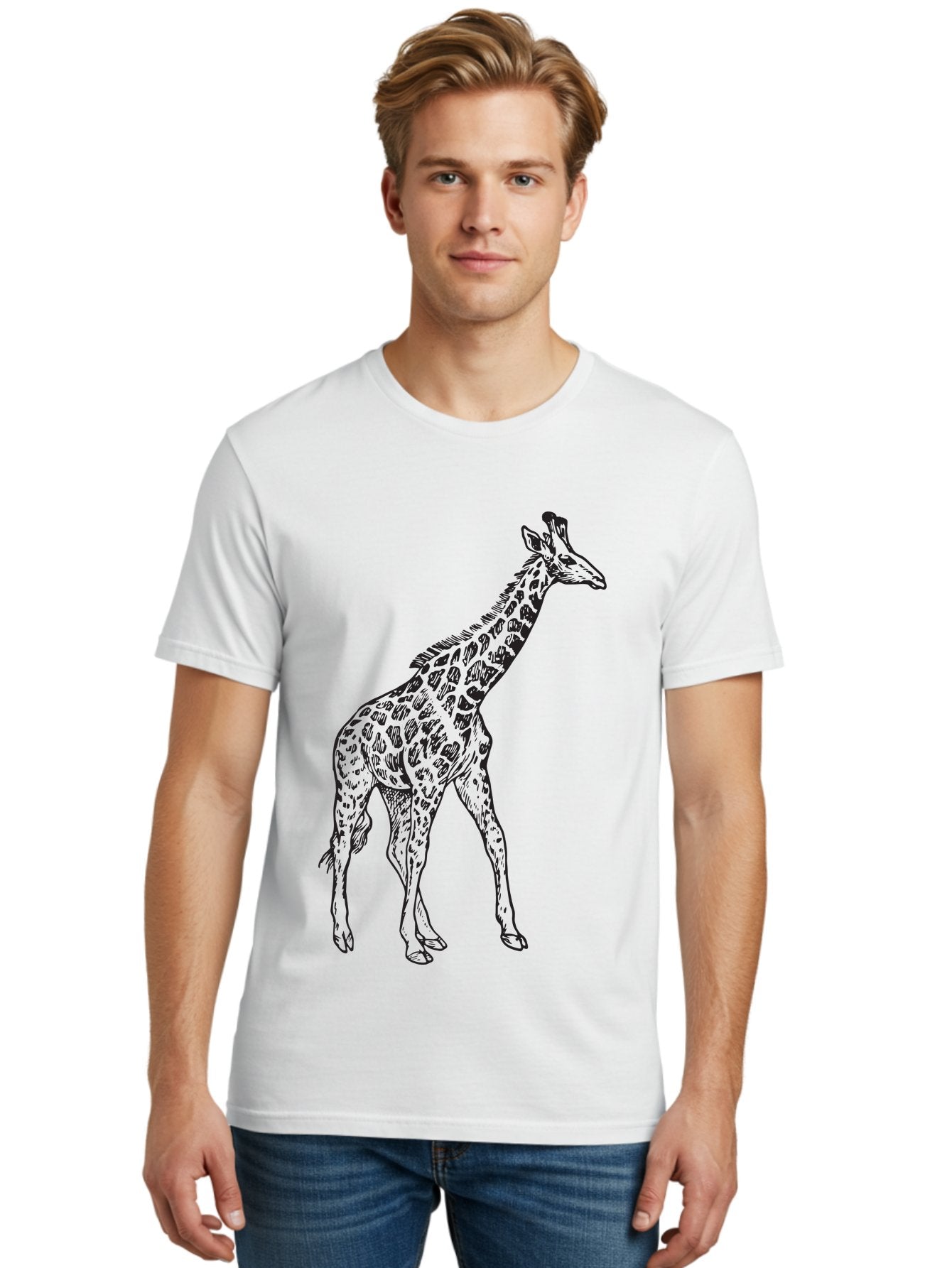 Giraffe Men'S Graphic Tee, 100% Cotton, Comfortable Casual Summer Wear, Machine Washable, Giraffe Illustration, Safari Animal, Wildlife Graphic, Spotted Fur, Tall Mammal, Cartoon Style, Simple Design, Black Outline Aad893 18