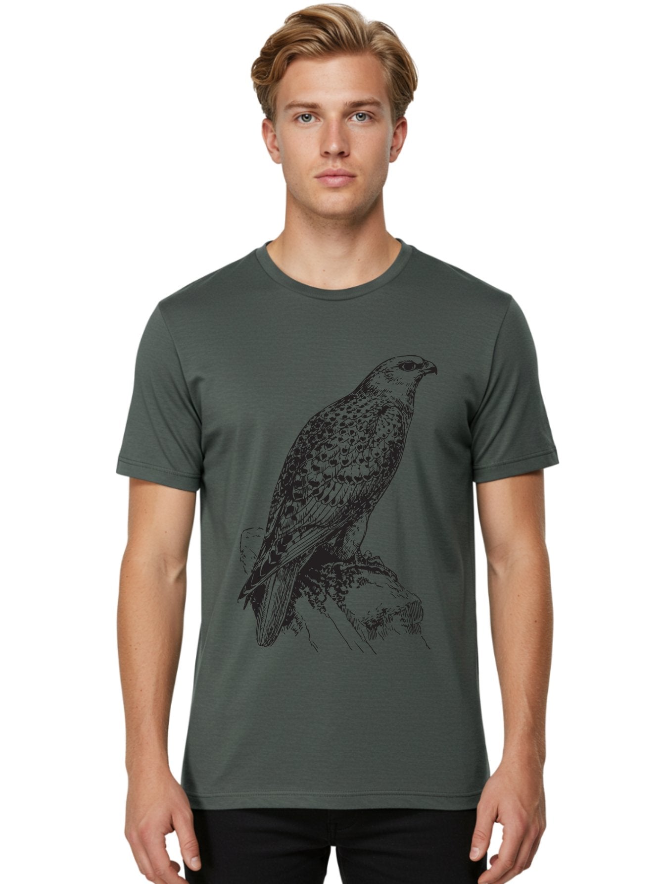 Hawk Men'S Graphic Tee, 100% Cotton, Comfortable Casual Summer Wear, Machine Washable, Bird Of Prey, Hawk Illustration, Spotted Feathers, Sharp Beak, Perched On Branch, Wildlife Art, Raptor, Engraving Style, Majestic Bird, Nature Design Aad896 29