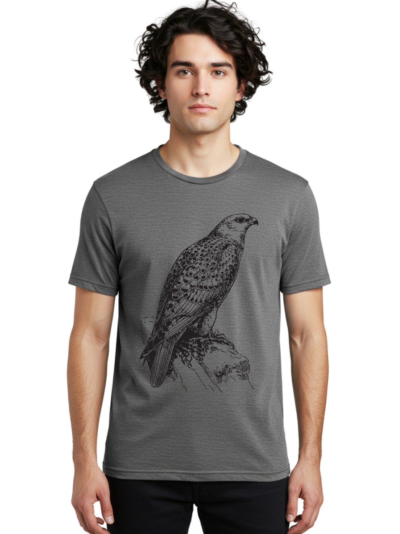 Hawk Men'S Graphic Tee, 100% Cotton, Comfortable Casual Summer Wear, Machine Washable, Bird Of Prey, Hawk Illustration, Spotted Feathers, Sharp Beak, Perched On Branch, Wildlife Art, Raptor, Engraving Style, Majestic Bird, Nature Design Aad896 21