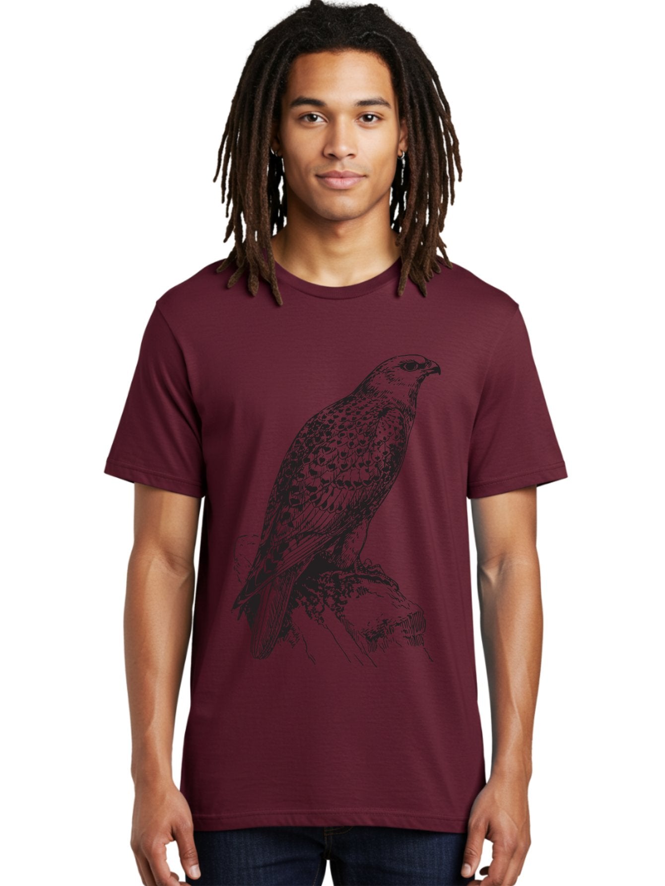 Hawk Men'S Graphic Tee, 100% Cotton, Comfortable Casual Summer Wear, Machine Washable, Bird Of Prey, Hawk Illustration, Spotted Feathers, Sharp Beak, Perched On Branch, Wildlife Art, Raptor, Engraving Style, Majestic Bird, Nature Design Aad896 22