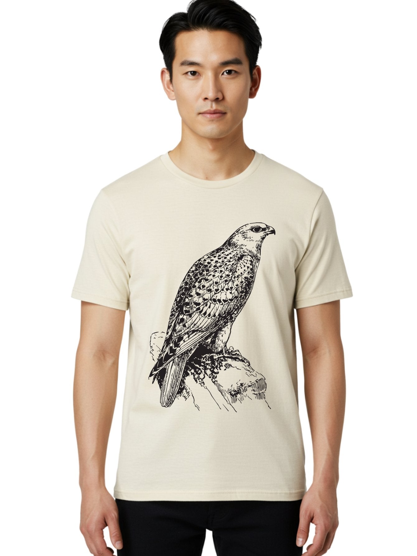 Hawk Men'S Graphic Tee, 100% Cotton, Comfortable Casual Summer Wear, Machine Washable, Bird Of Prey, Hawk Illustration, Spotted Feathers, Sharp Beak, Perched On Branch, Wildlife Art, Raptor, Engraving Style, Majestic Bird, Nature Design Aad896 26