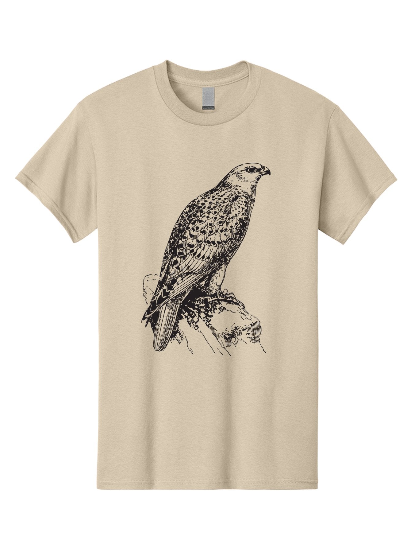 Hawk Men'S Graphic Tee, 100% Cotton, Comfortable Casual Summer Wear, Machine Washable, Bird Of Prey, Hawk Illustration, Spotted Feathers, Sharp Beak, Perched On Branch, Wildlife Art, Raptor, Engraving Style, Majestic Bird, Nature Design Aad896 4