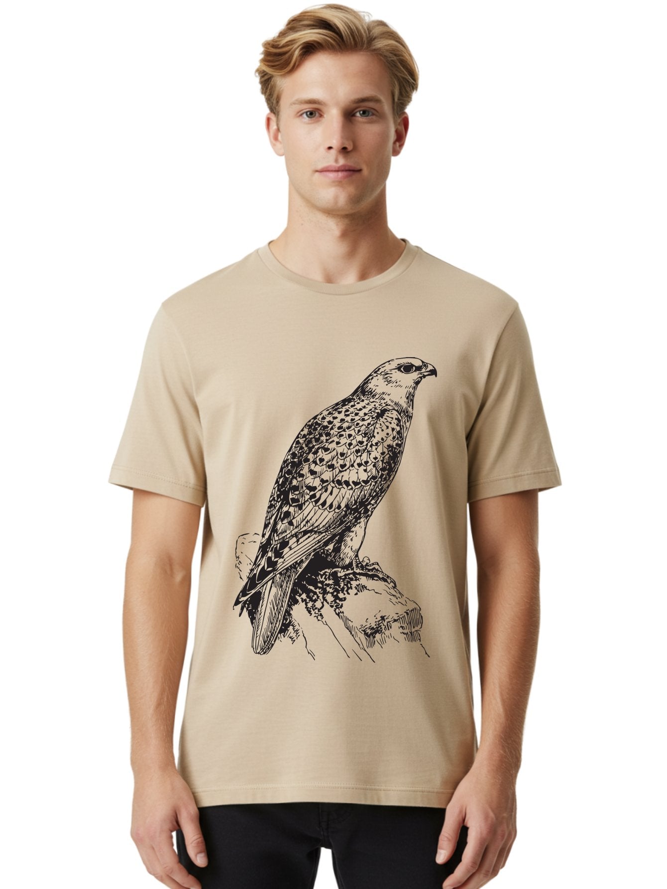 Hawk Men'S Graphic Tee, 100% Cotton, Comfortable Casual Summer Wear, Machine Washable, Bird Of Prey, Hawk Illustration, Spotted Feathers, Sharp Beak, Perched On Branch, Wildlife Art, Raptor, Engraving Style, Majestic Bird, Nature Design Aad896 18