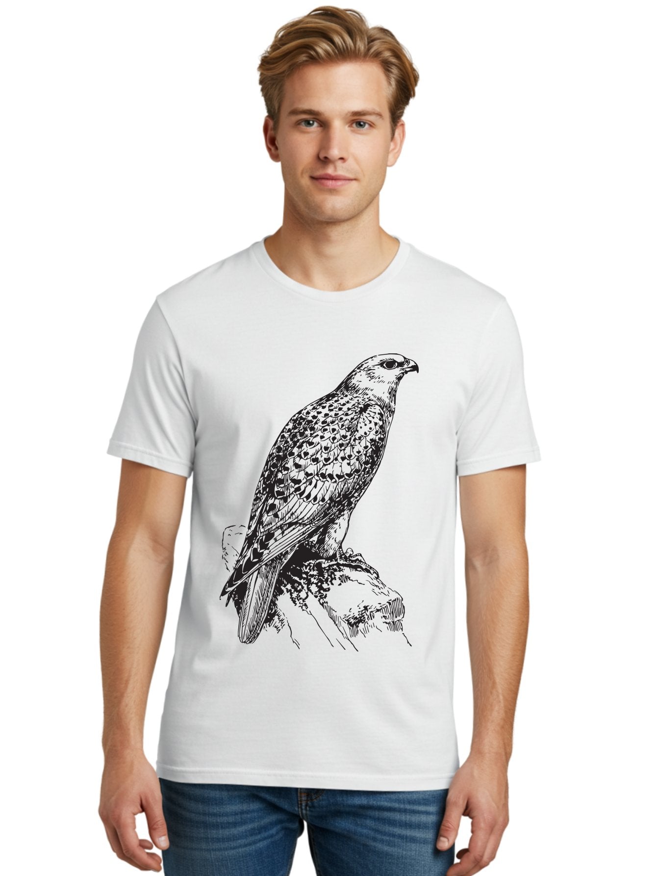 Hawk Men'S Graphic Tee, 100% Cotton, Comfortable Casual Summer Wear, Machine Washable, Bird Of Prey, Hawk Illustration, Spotted Feathers, Sharp Beak, Perched On Branch, Wildlife Art, Raptor, Engraving Style, Majestic Bird, Nature Design Aad896 17